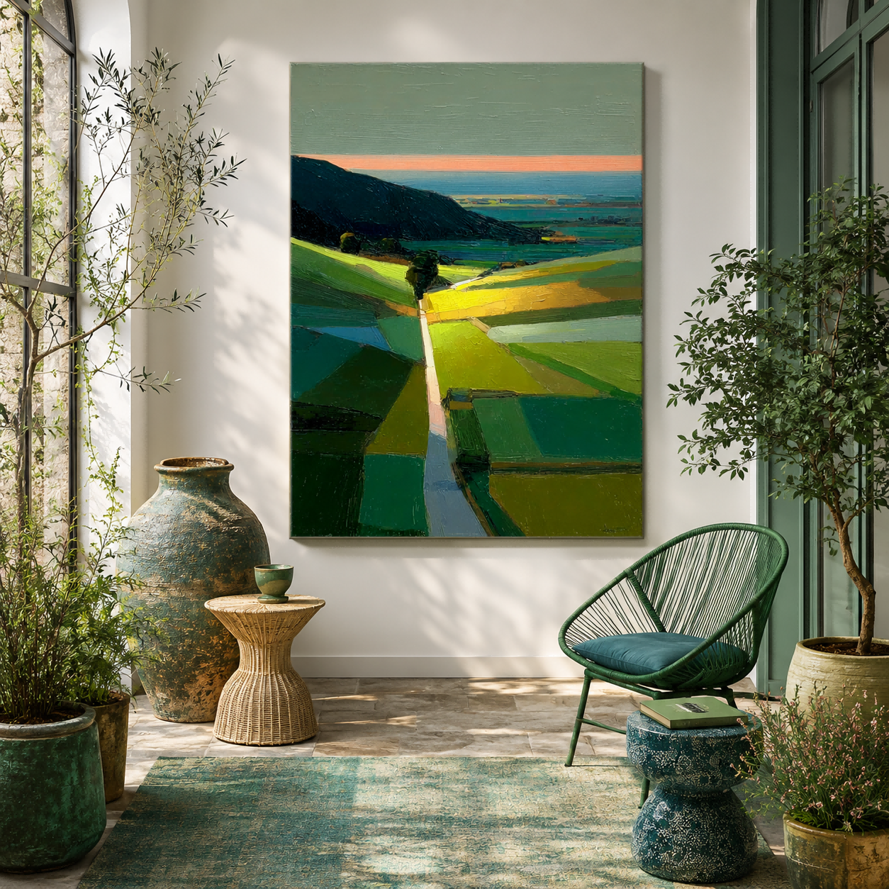 Modern Minimalist Landscape Painting Green Hills Abstract Art For Living Room