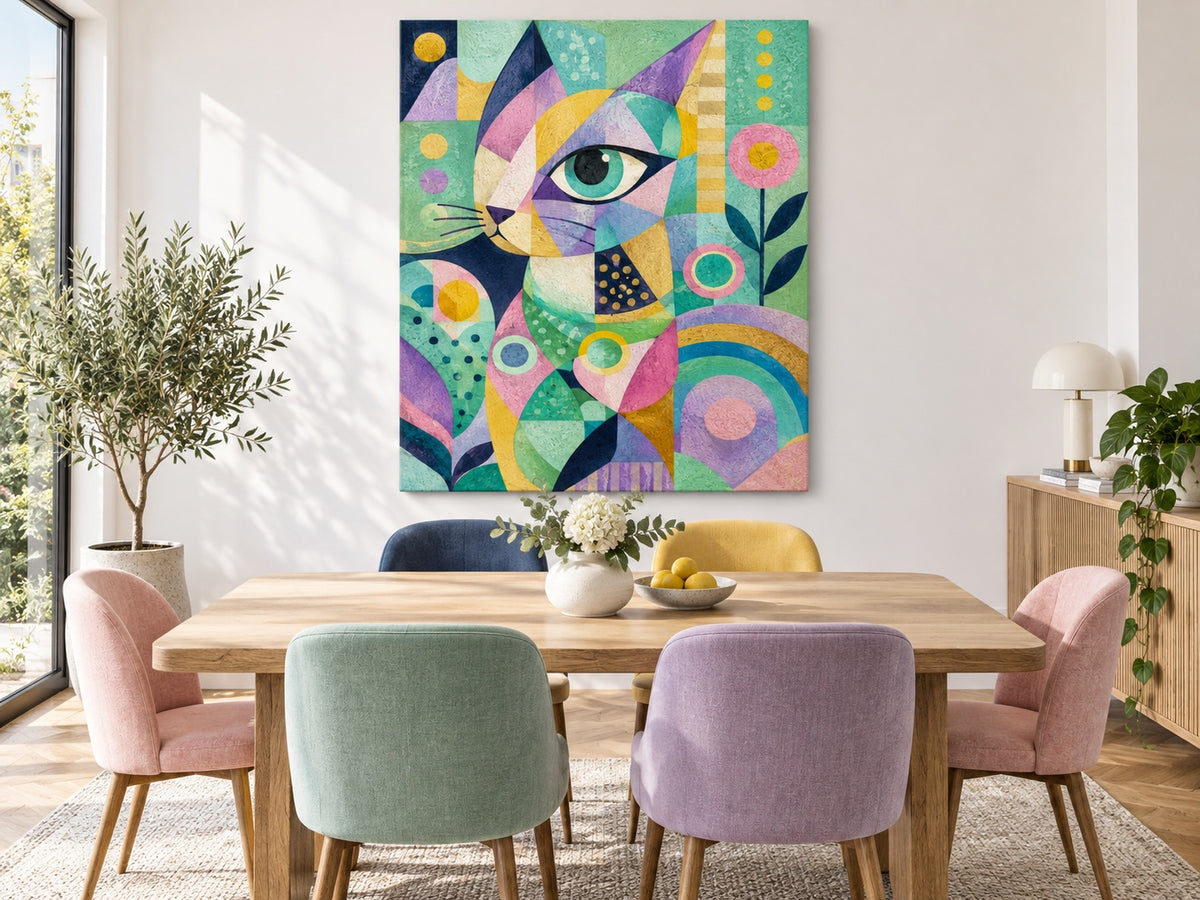 Modern Pop Art Cat Portrait With Textured Geometric Design