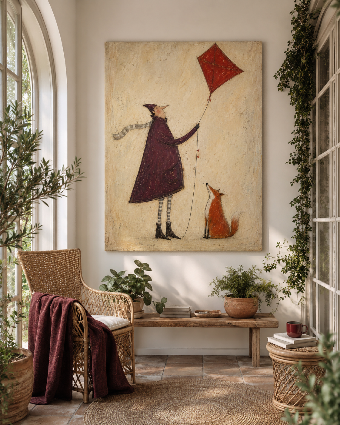 Whimsical Vintage Illustration Hand-Painted Canvas Art With Fox And Kite