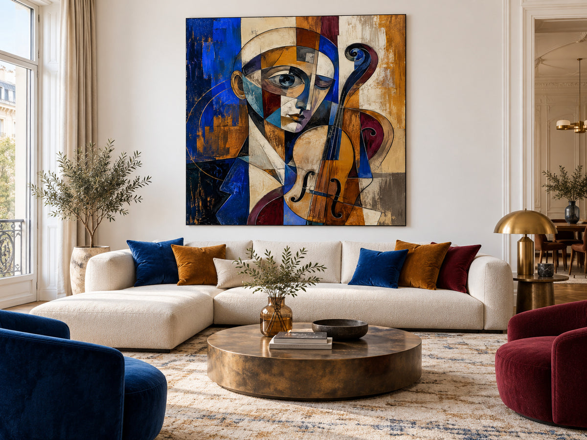 Vintage Geometric Picasso Style Painting With Textured Blue Gold Tones