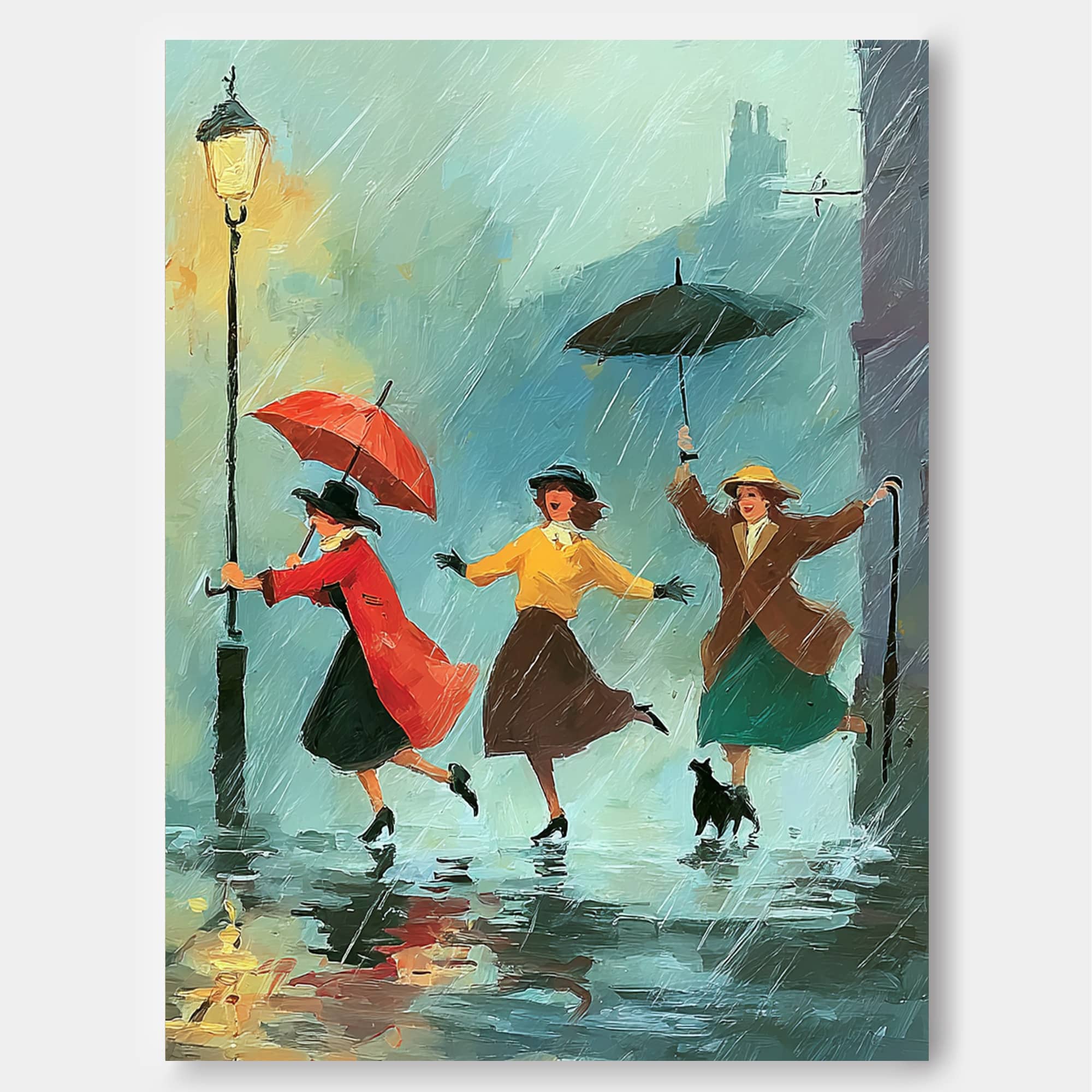Impressionist Rainy Street Scene Painting With Three Women Under Umbrellas Vintage Wall Art