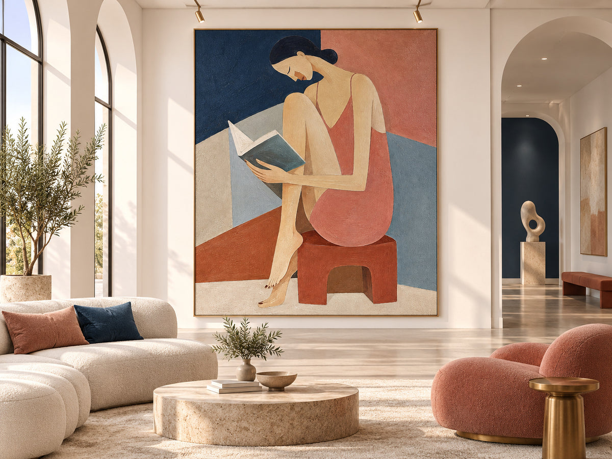 Woman Reading Portrait In Pink And Blue Hand-Painted Modern Canvas Art