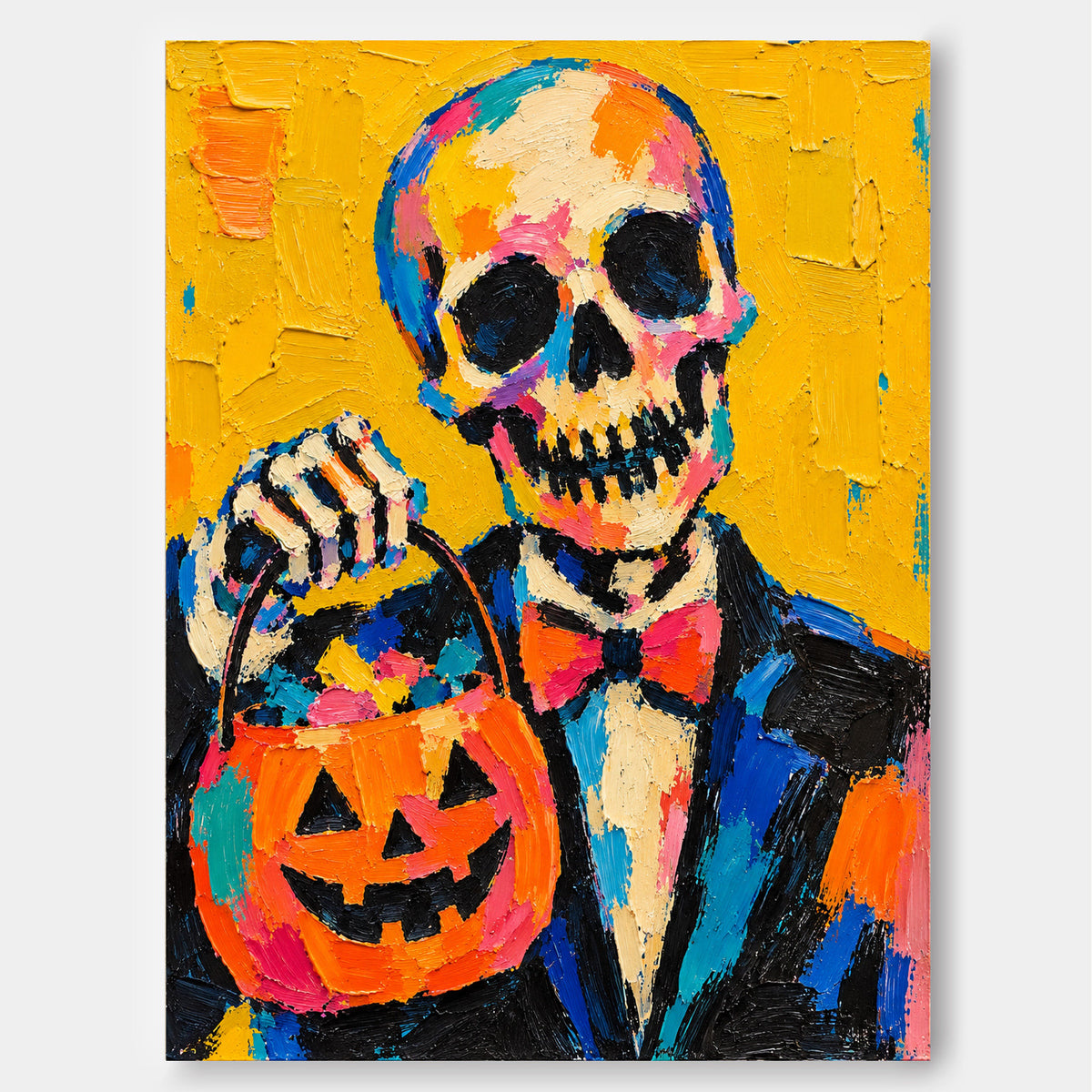 Modern Abstract Skeleton Painting With Retro Vintage Vibes Vibrant Halloween Wall Art