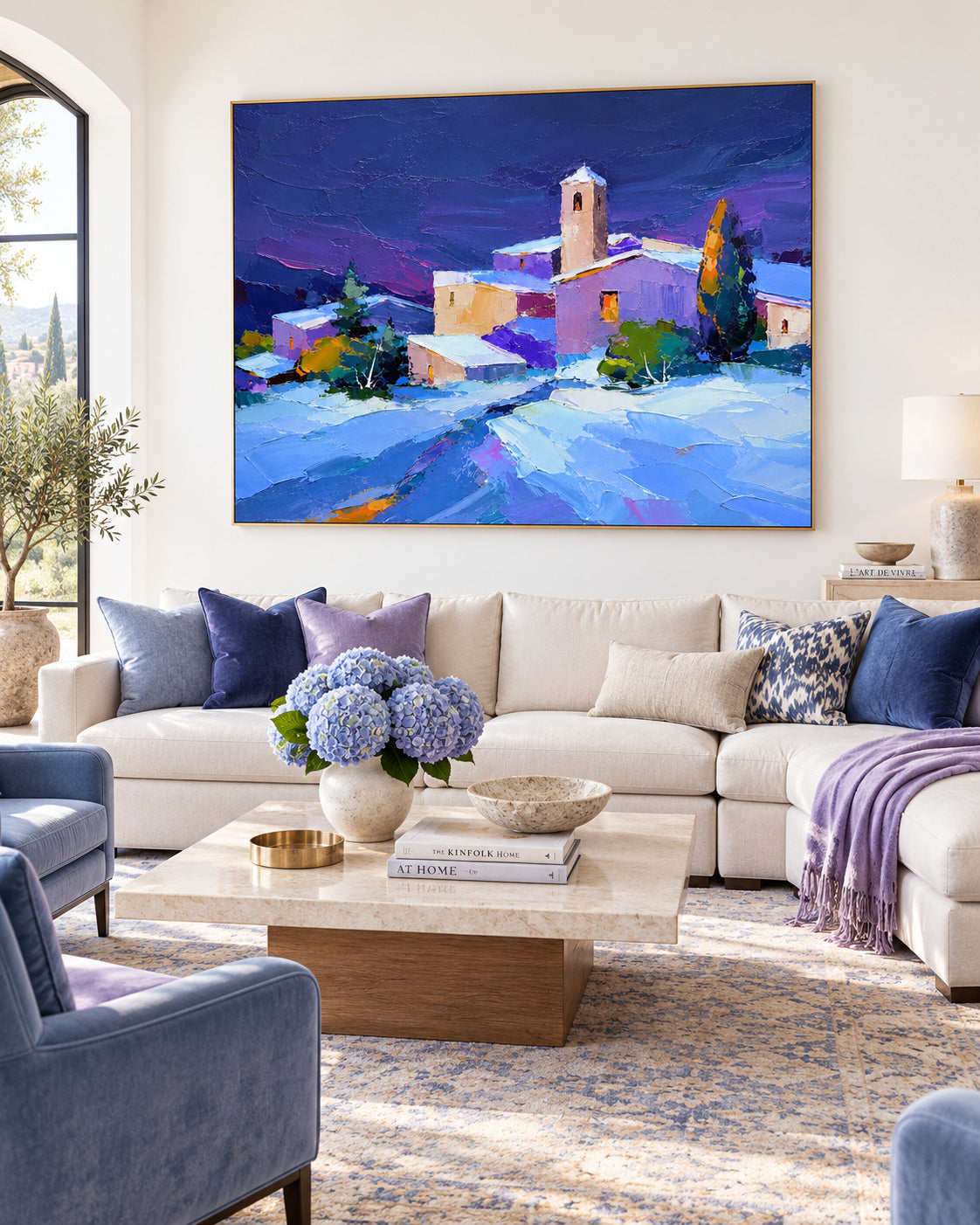 Hand-Painted Snowy Village Landscape Canvas Art With Violet Sky And Warm Lights