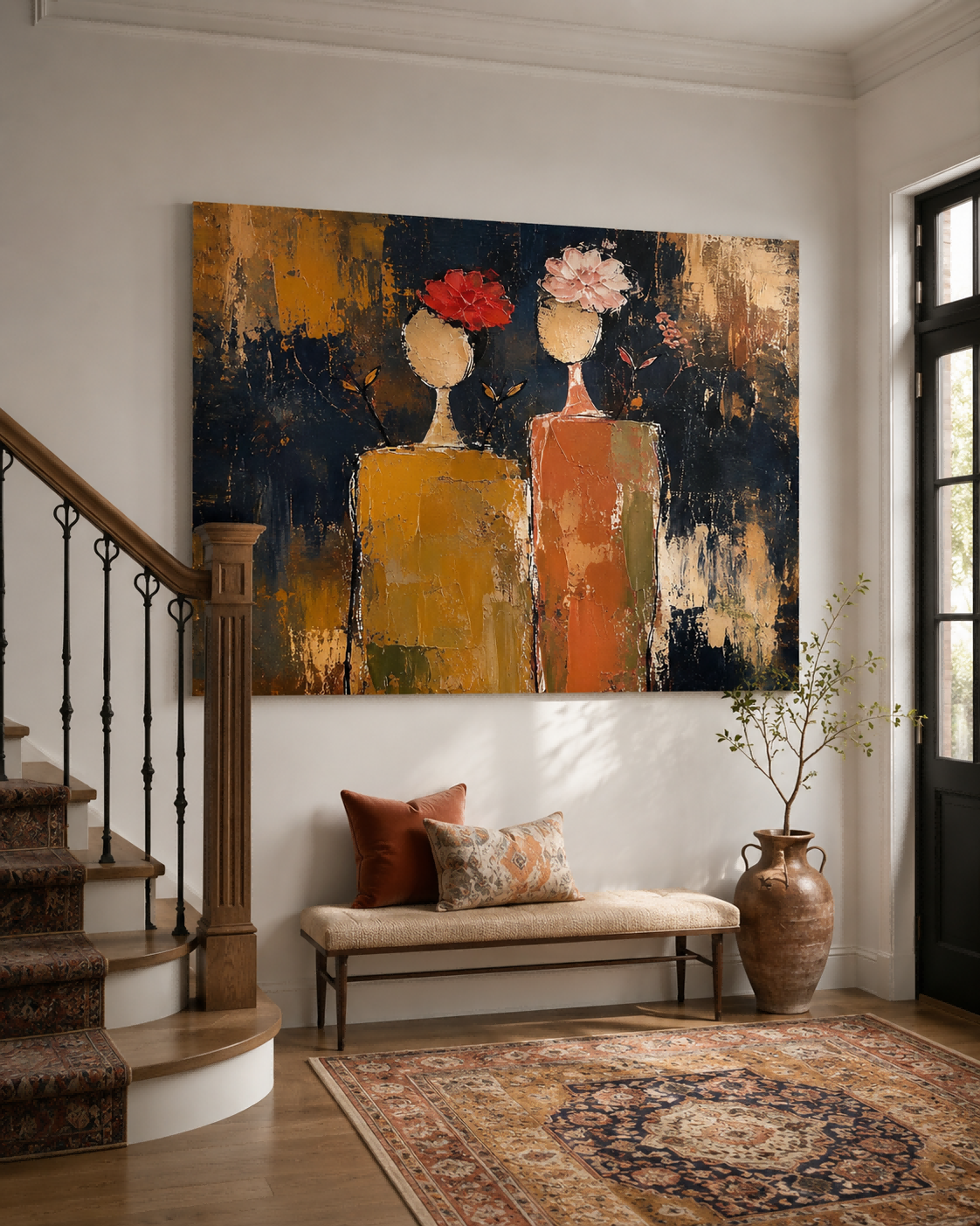 Vintage Modern Abstract Art Canvas Textured Painting With Pink And Red Flowers