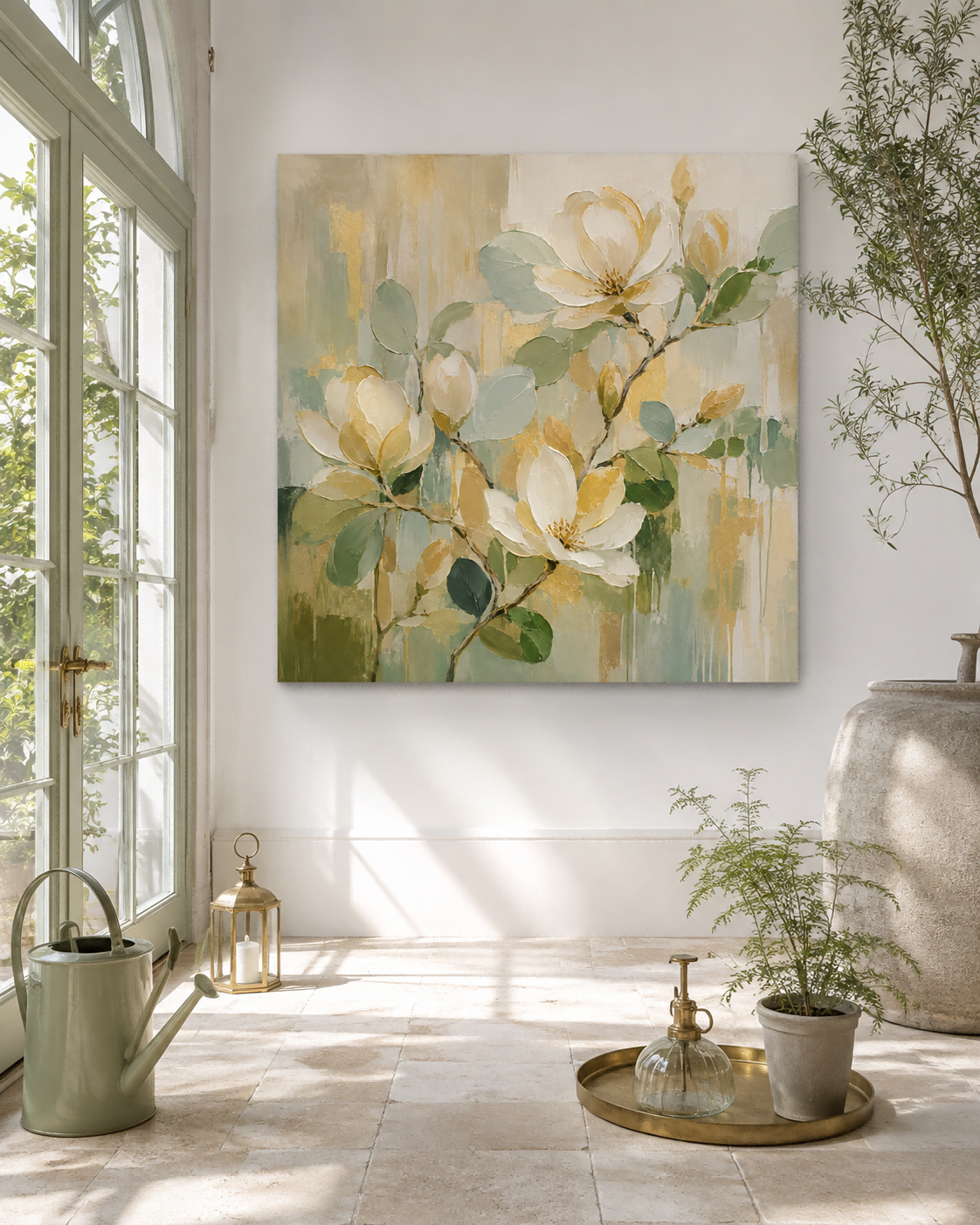 Hand-Painted Magnolia Floral Abstract Canvas Art With Gold Accents For Modern Home