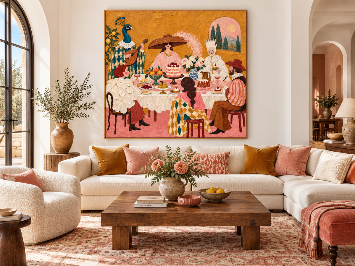 Textured Surrealism Oil Painting In Titian Gold And Pink For Eclectic Decor