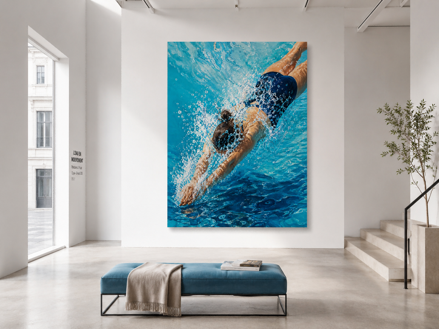 Impressionist Water Splash Art Blue Swimming Scene Canvas Print For Living Room