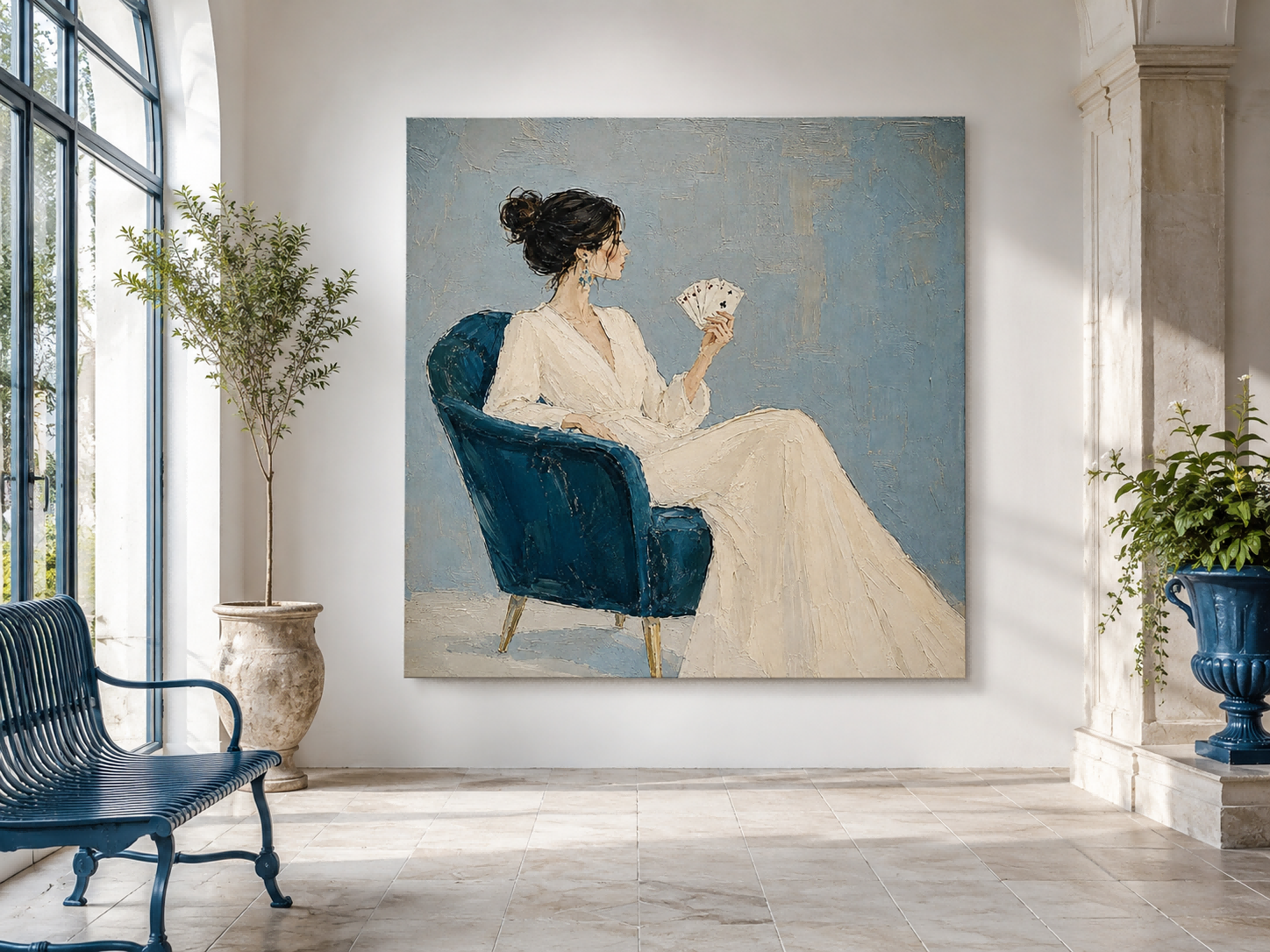 Minimalist Oil Painting Of Woman In White Dress With Playing Cards For Modern Living Room Decor