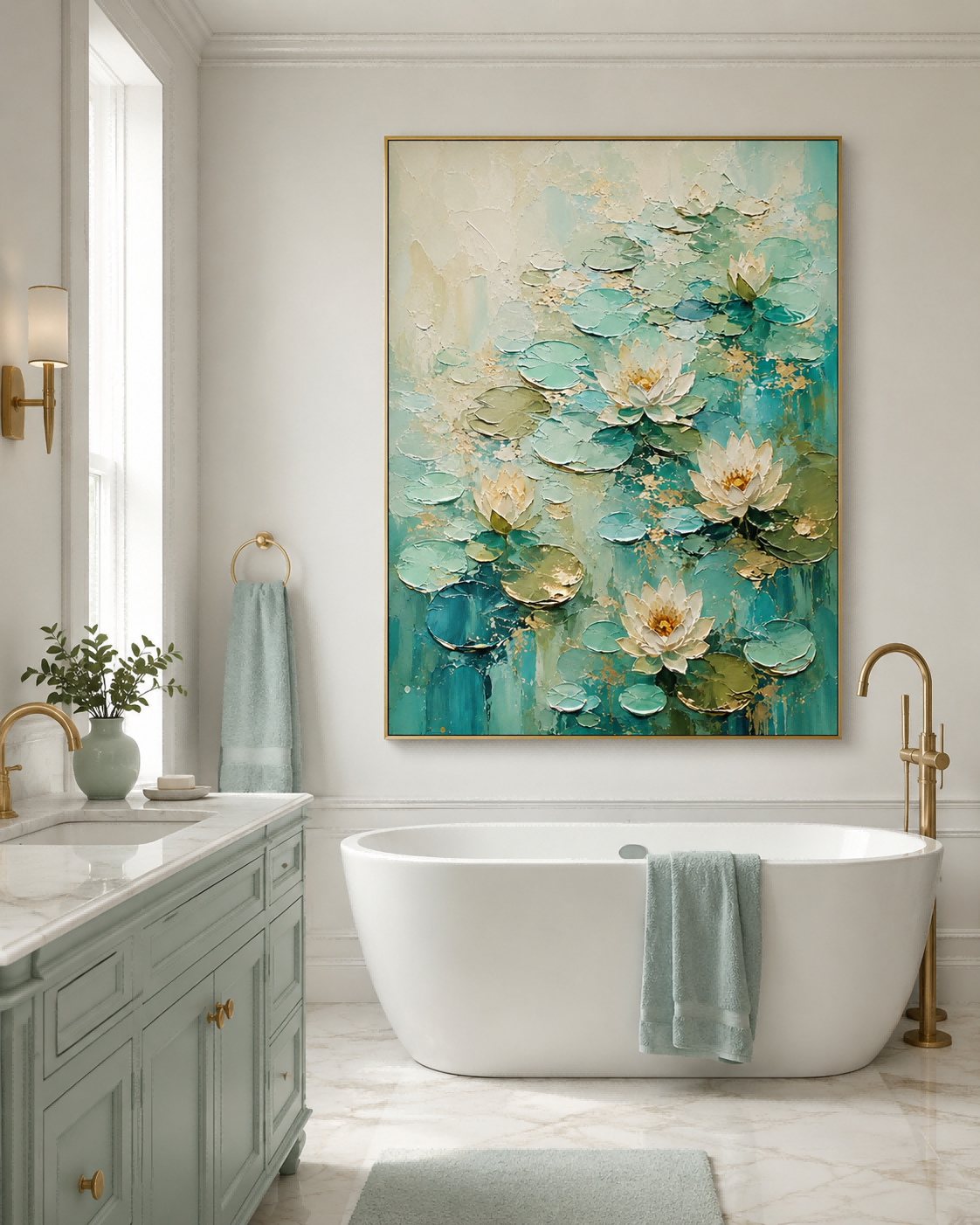 Modern Abstract Impasto Art Inspired By Monets Garden With Teal And White Tones