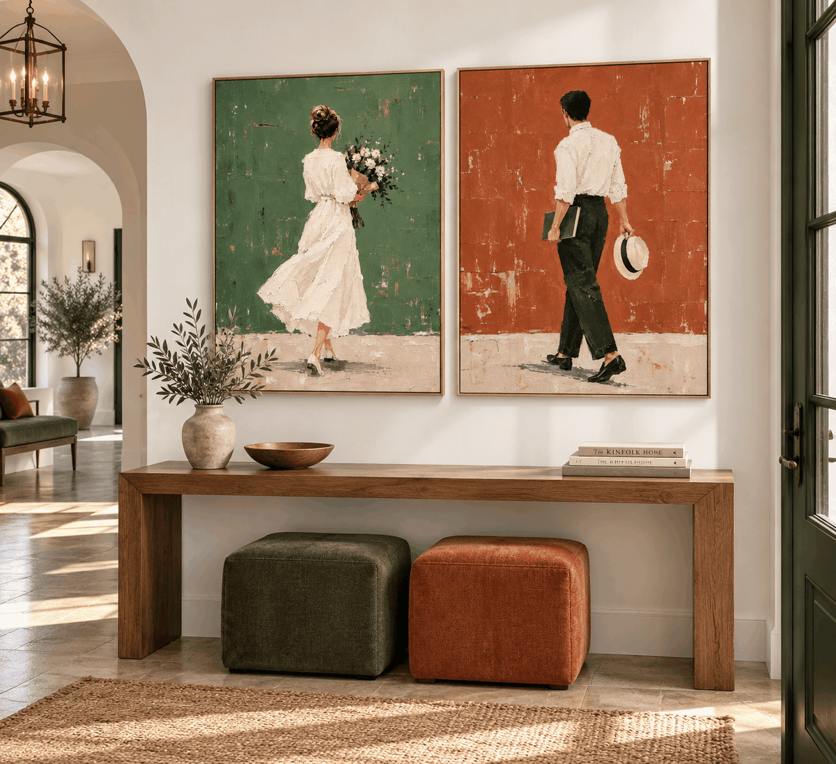 Vintage Couple Walking Hand-Painted Canvas Art Set Green Red Wall