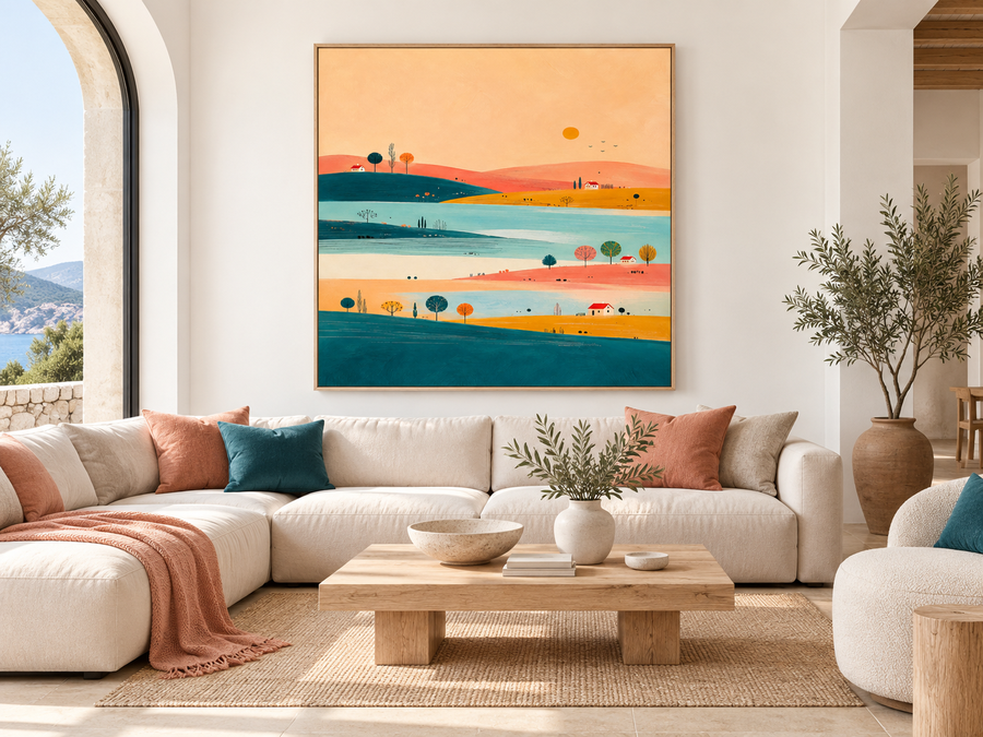 Hand-Painted Minimalist Landscape Canvas Art With Sunset Hills