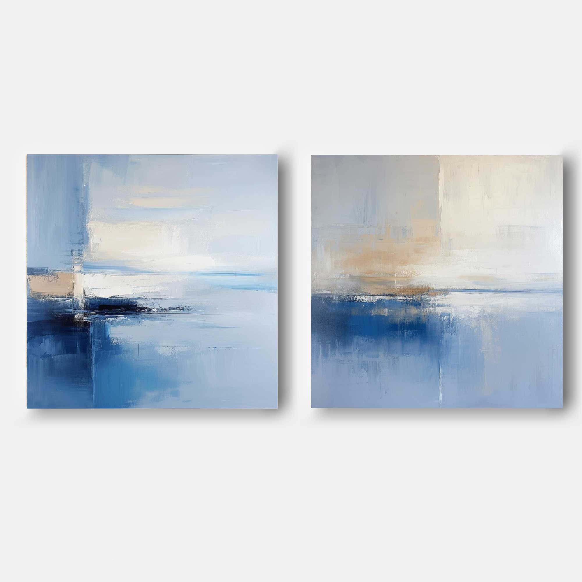 Set of 2 Large Abstract Modern Blue Square Original Oil Paintings On Canvas minimalist Texture Wall Art Home Decor