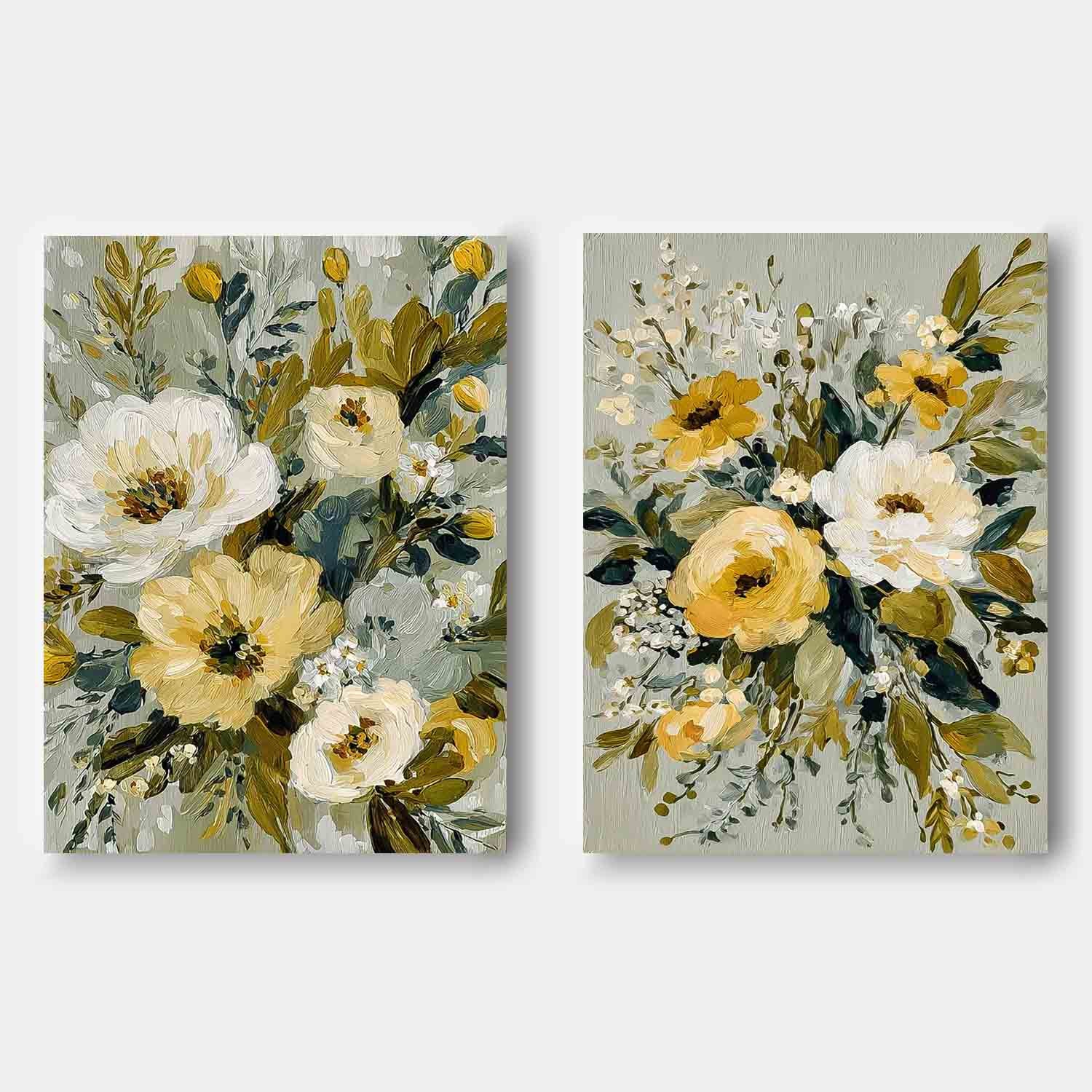 Floral Canvas Wall Art Set of 2 Modern Impressionist Flower Painting Muted Sage Green & Yellow Wildflower Art