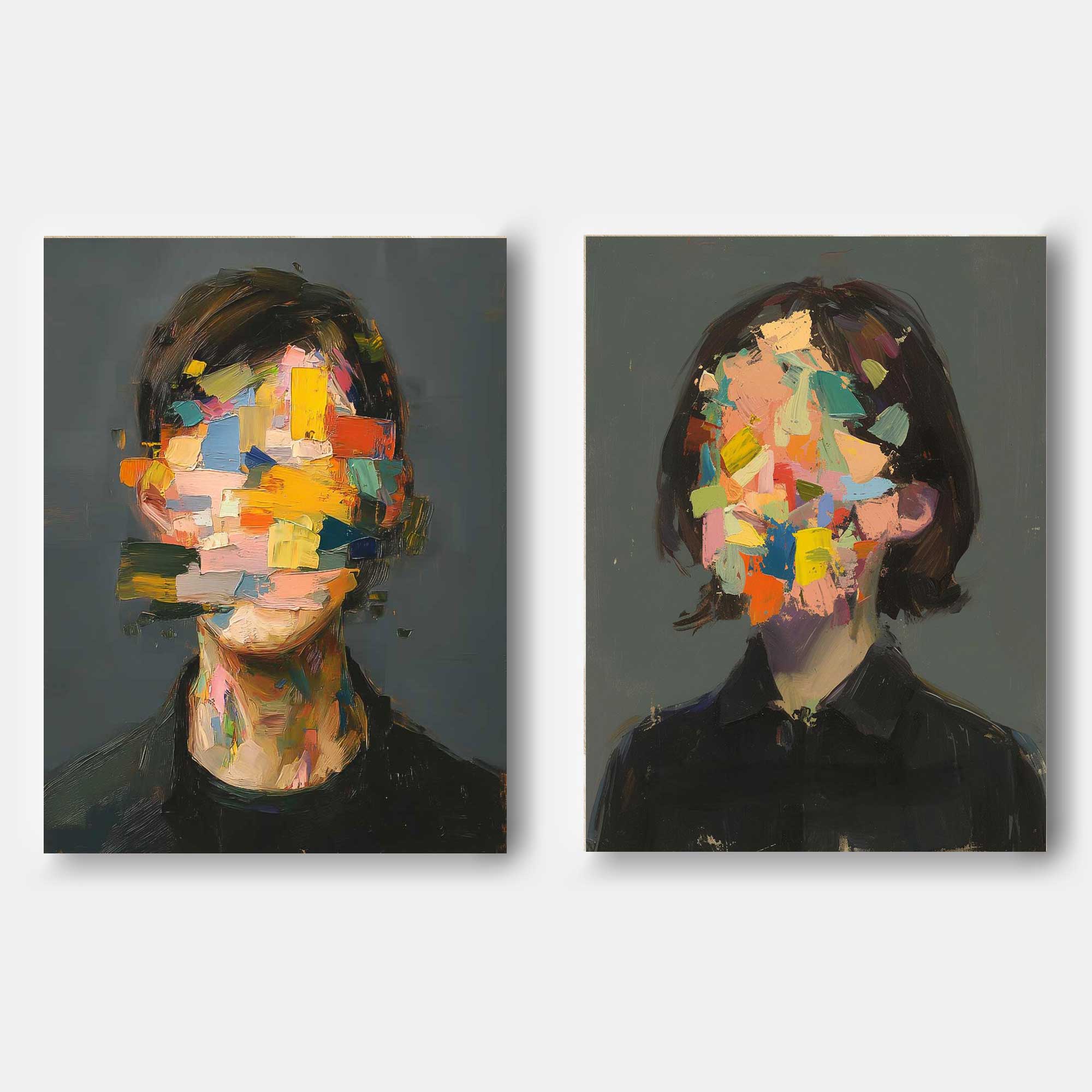 Set of 2 Abstract Painting Face Artwork Large Faceless Portrait Couple Painting Facial 3D Original Canvas Art