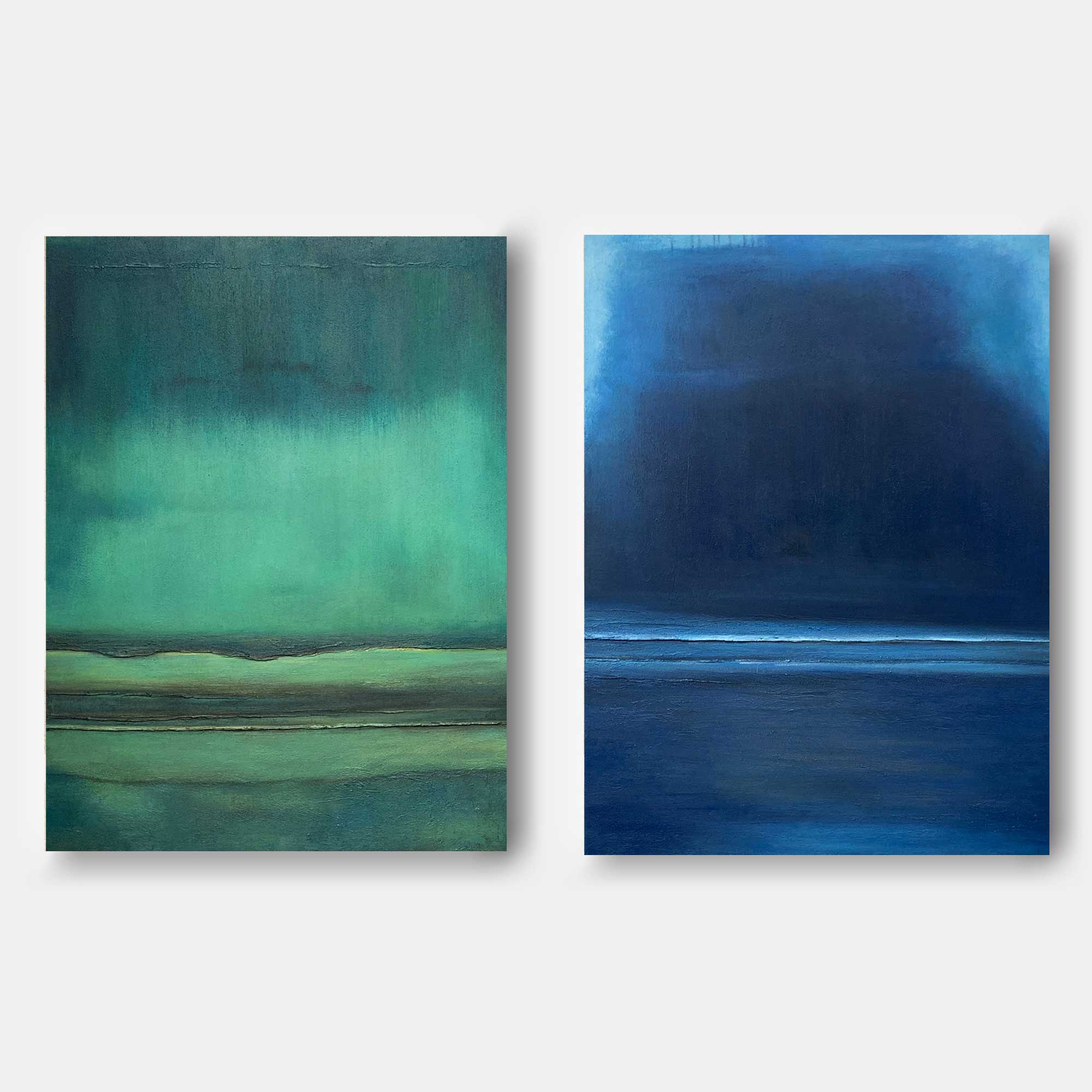 Set of 2 Blue And Green Minimalist Abstract Oil Paintings Contemporary Canvas Wall Art For Living Room