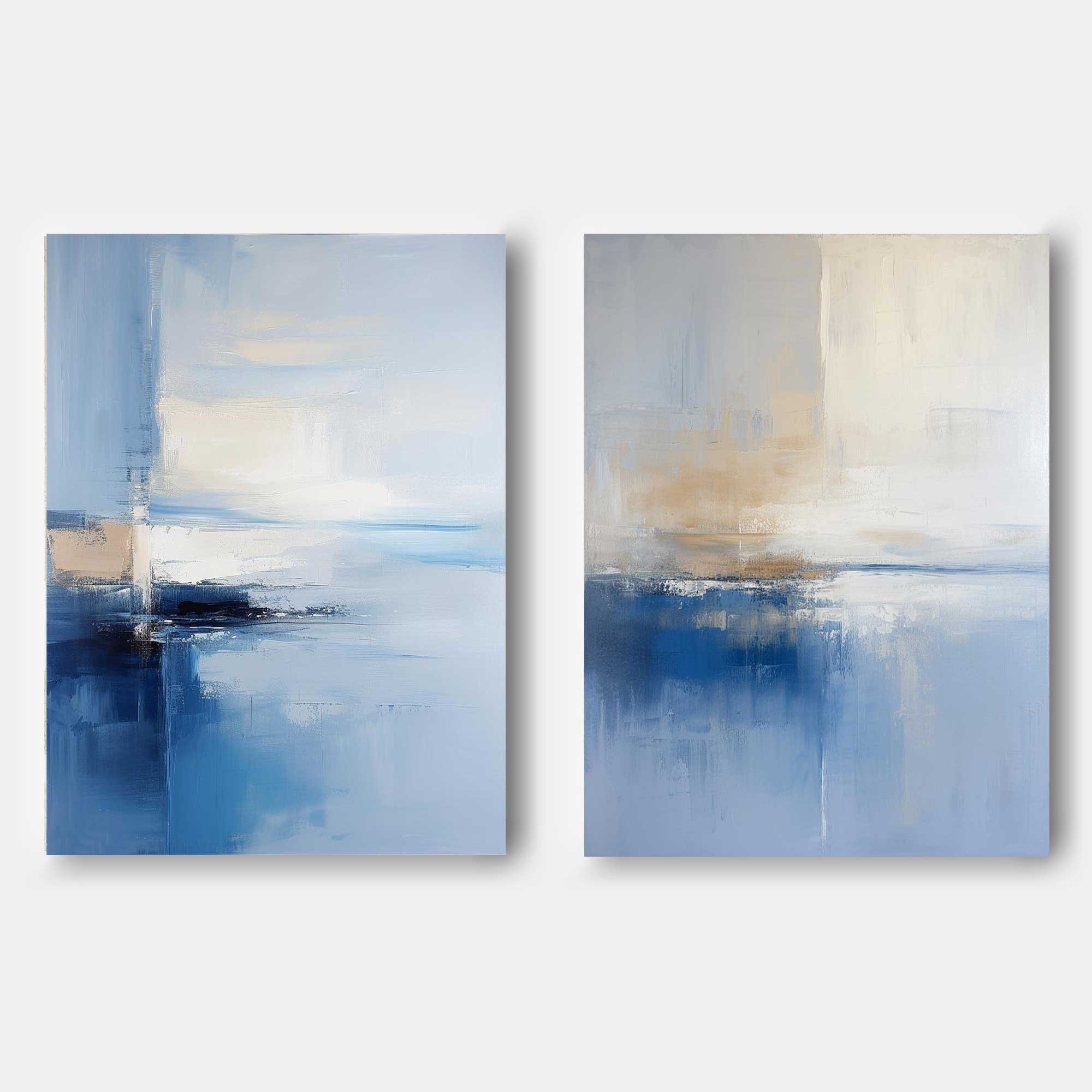 Set of 2 Big Original Warm Blue Painting Abstract Oil Painting Modern Wall Art Living Room Decor