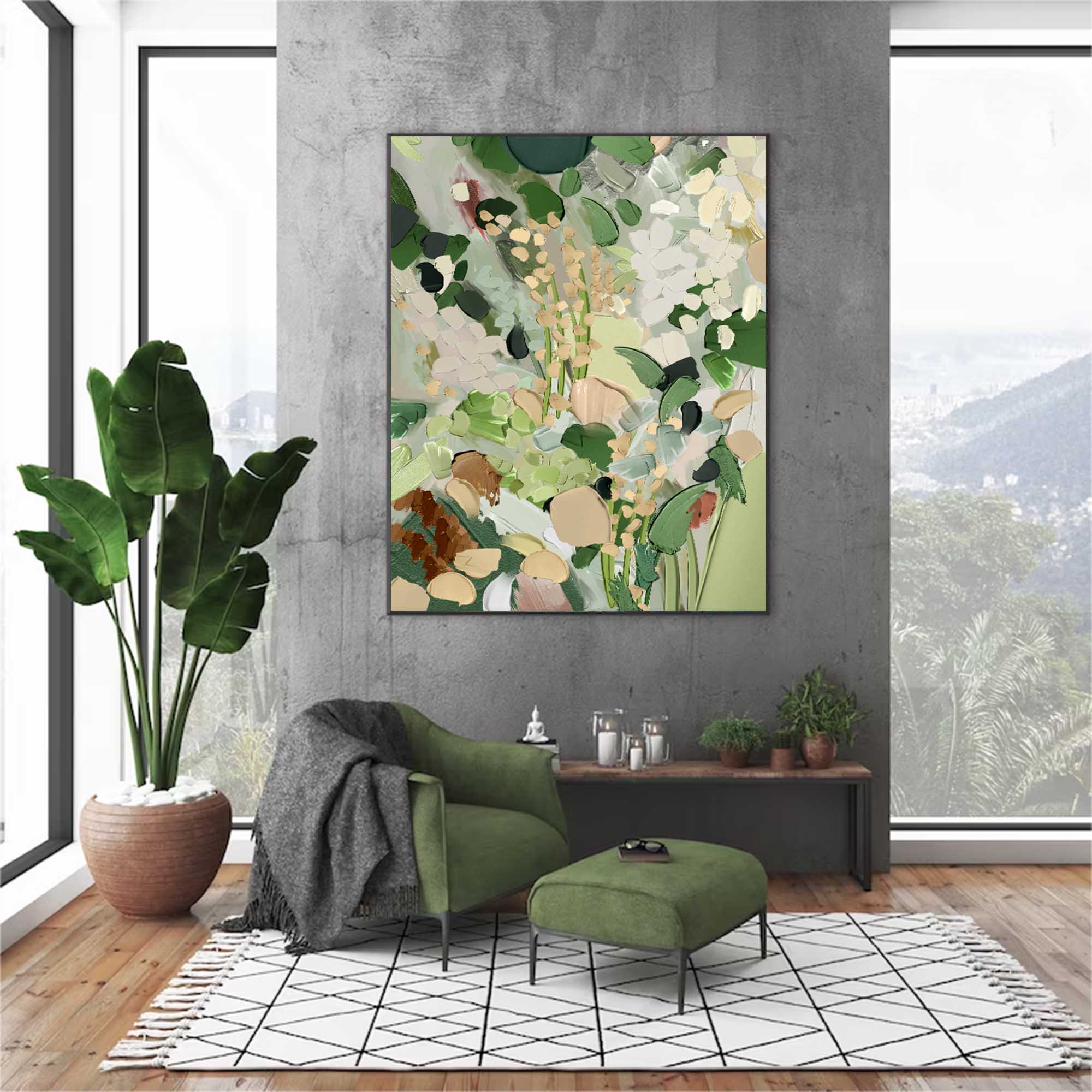 Green Modern Oil Painting Canvas Large Abstract Knife Painting Original Green Plant Wall Art Home Decoration