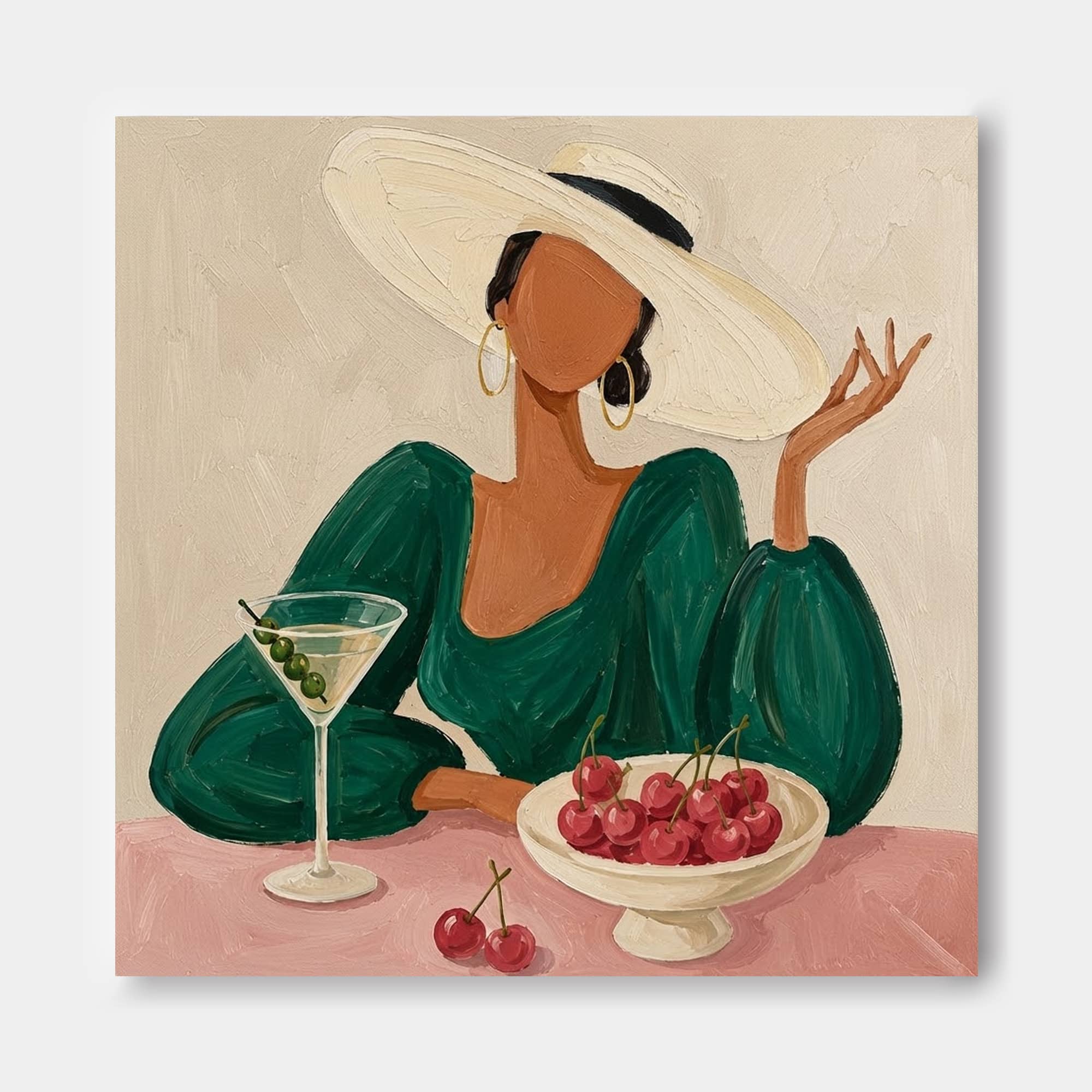 Stylish Female Figure Oil Painting With Martini Glass Ideal For Boutique Lounge And Bar Area Decoration
