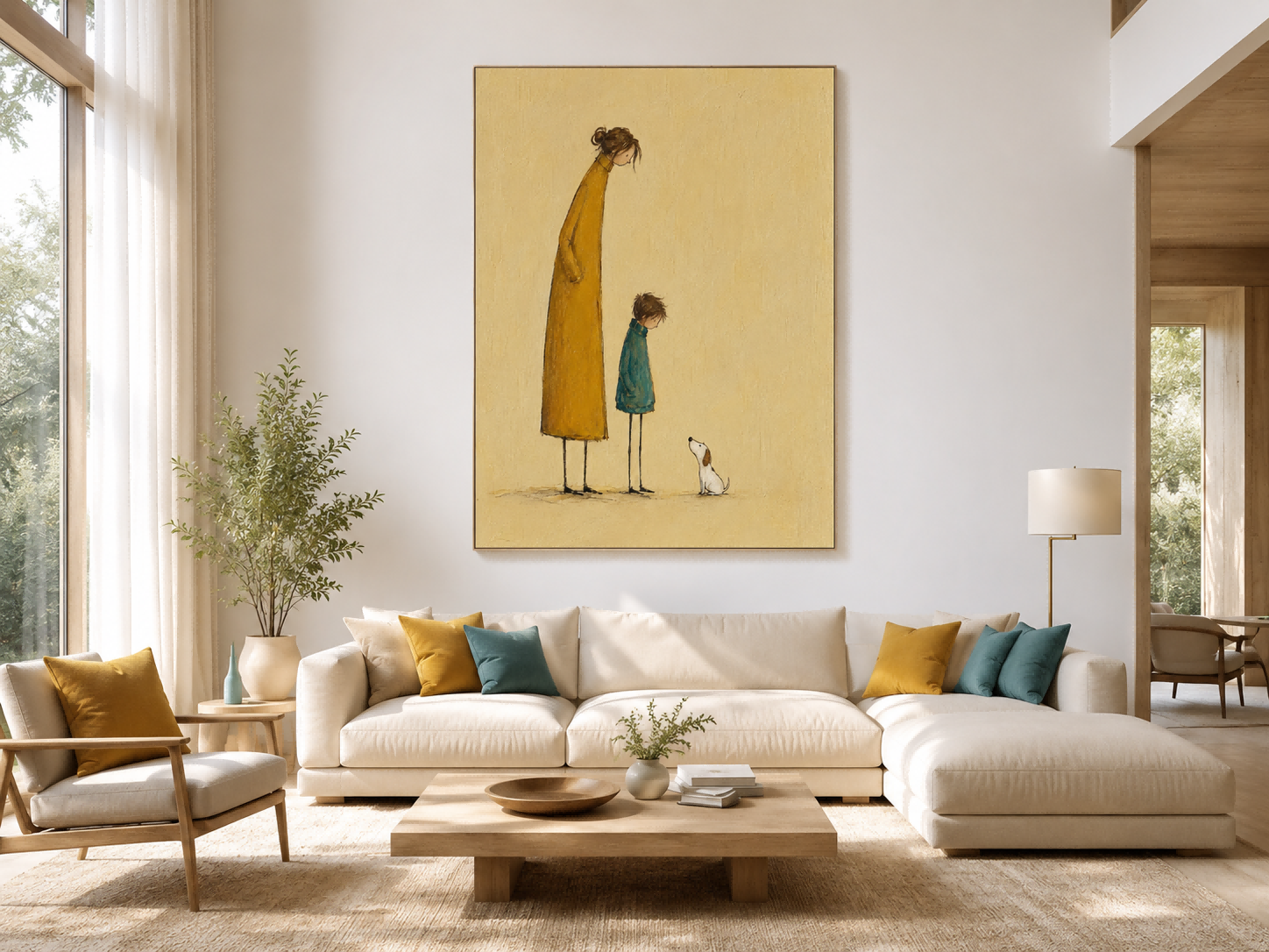 Naive Art Painting Of Mother Child And Dog For Modern Home Decor