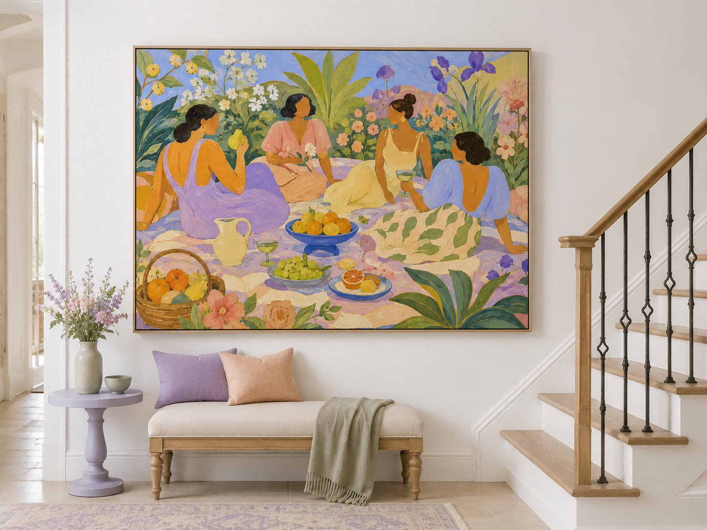 Women Picnic In Fantasy Garden Art Deco Canvas Painting With Fruit And Flowers