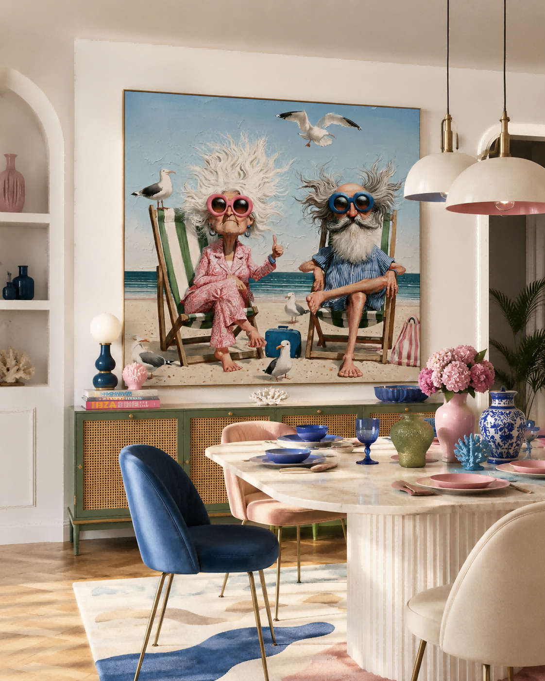 Humorous Beach Couple Painting For Living Room Decor With Ocean Vibes And Playful Style