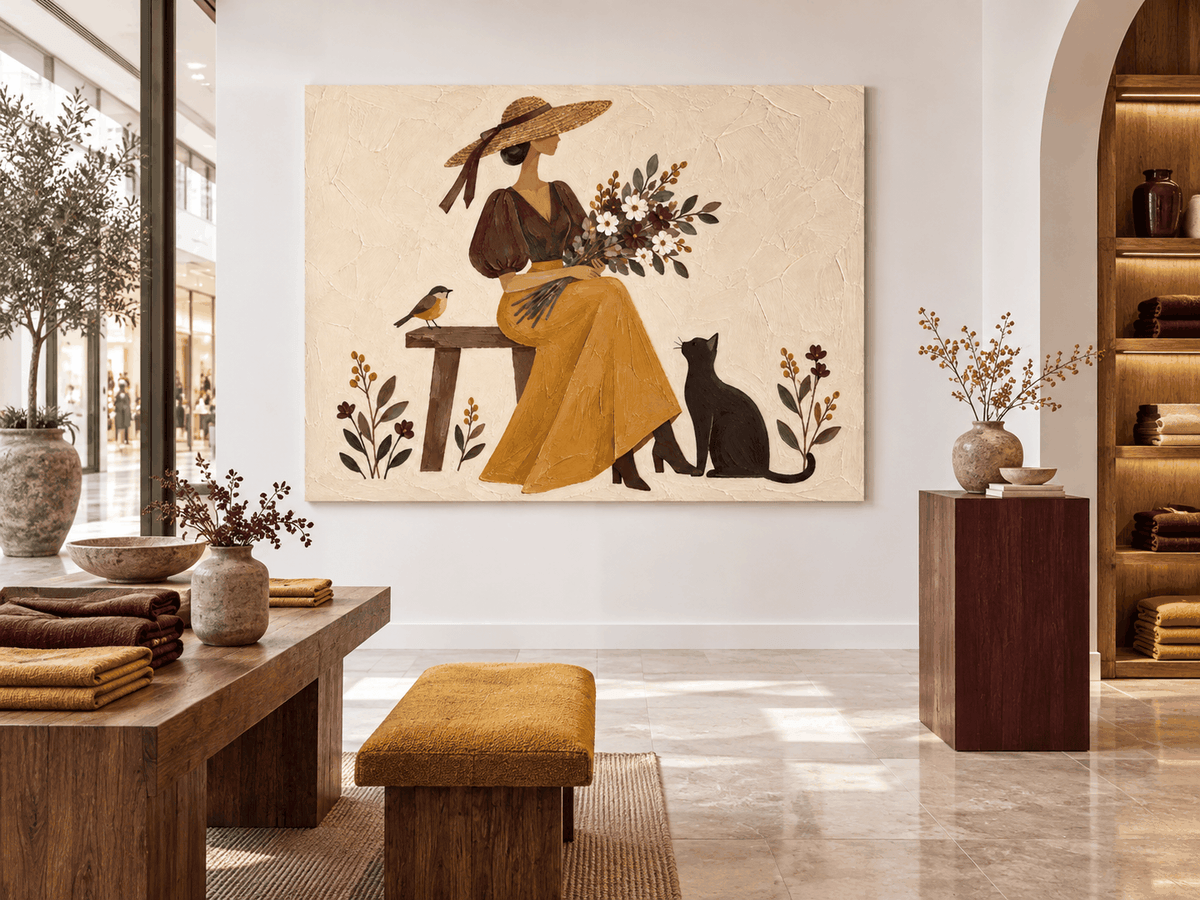 Lady With Flowers And Cat Hand-Painted Canvas Wall Art In Vintage Style