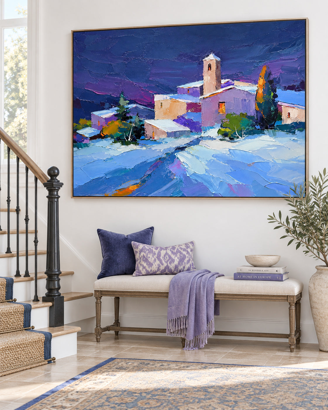 Hand-Painted Snowy Village Landscape Canvas Art With Violet Sky And Warm Lights