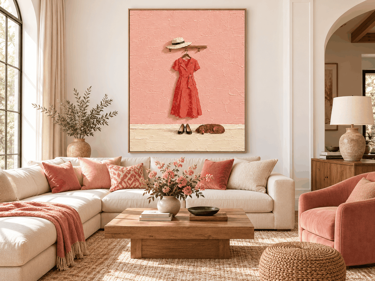 Red Dress And Dachshund Hand-Painted Canvas Art With Textured Pink Wall