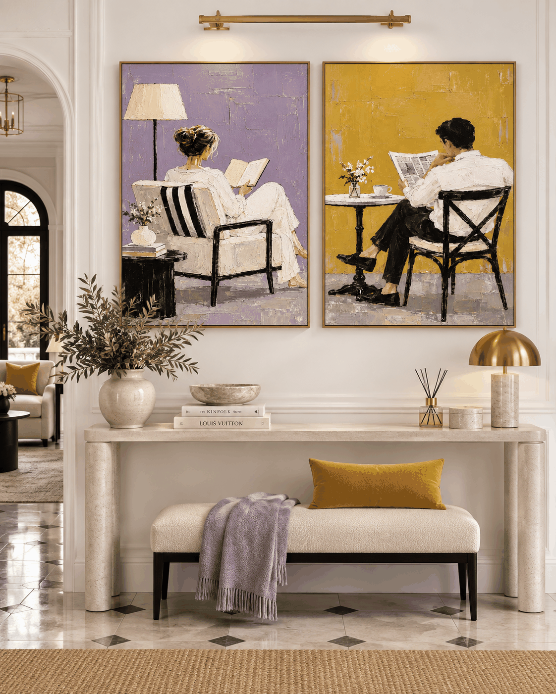 Hand-Painted Couple Reading Diptych Modern Wall Art Purple Yellow