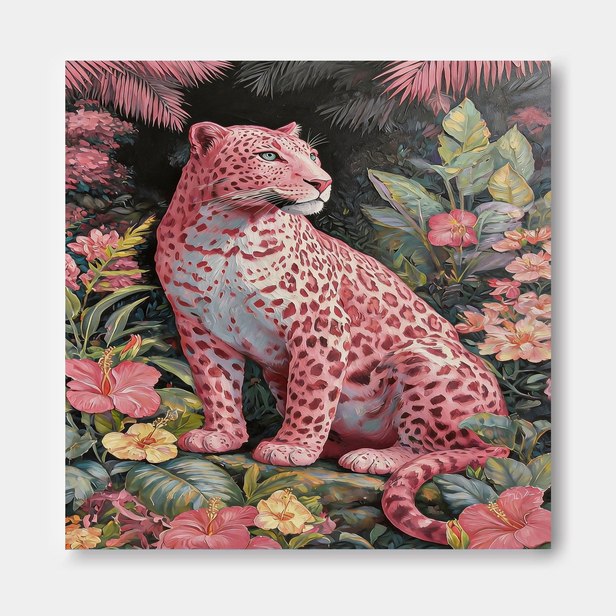 Square Canvas Art Featuring Pink Panther And Hibiscus Flowers Design