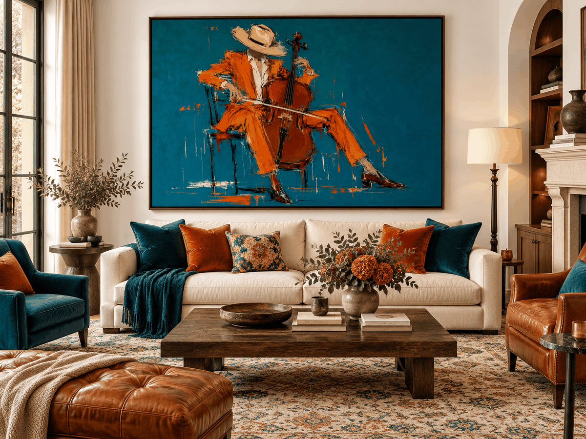 Hand-Painted Cellist In Orange Suit Modern Canvas Wall Art