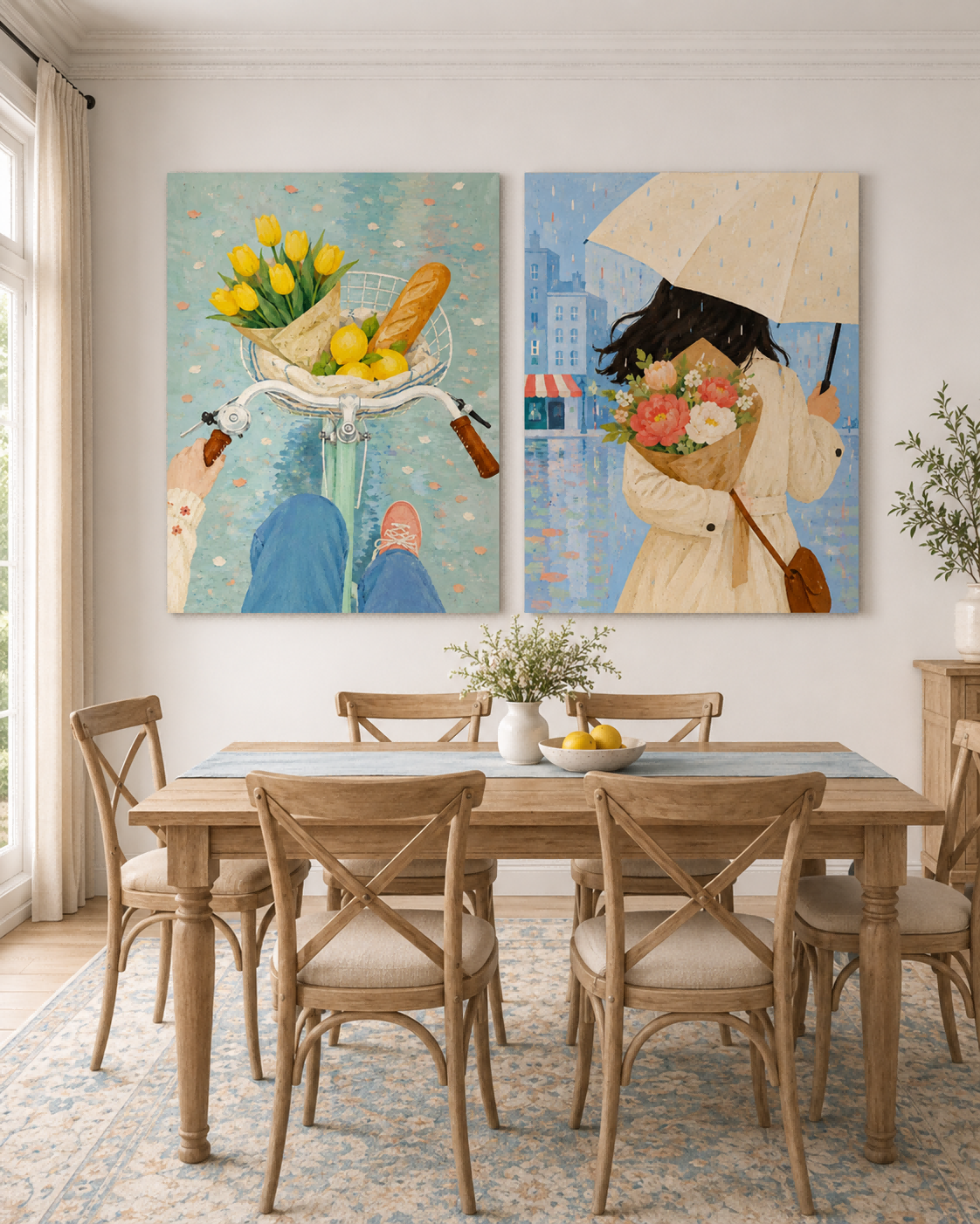 Hand-Painted Floral And City Life Diptych Canvas Art With Yellow Tulips