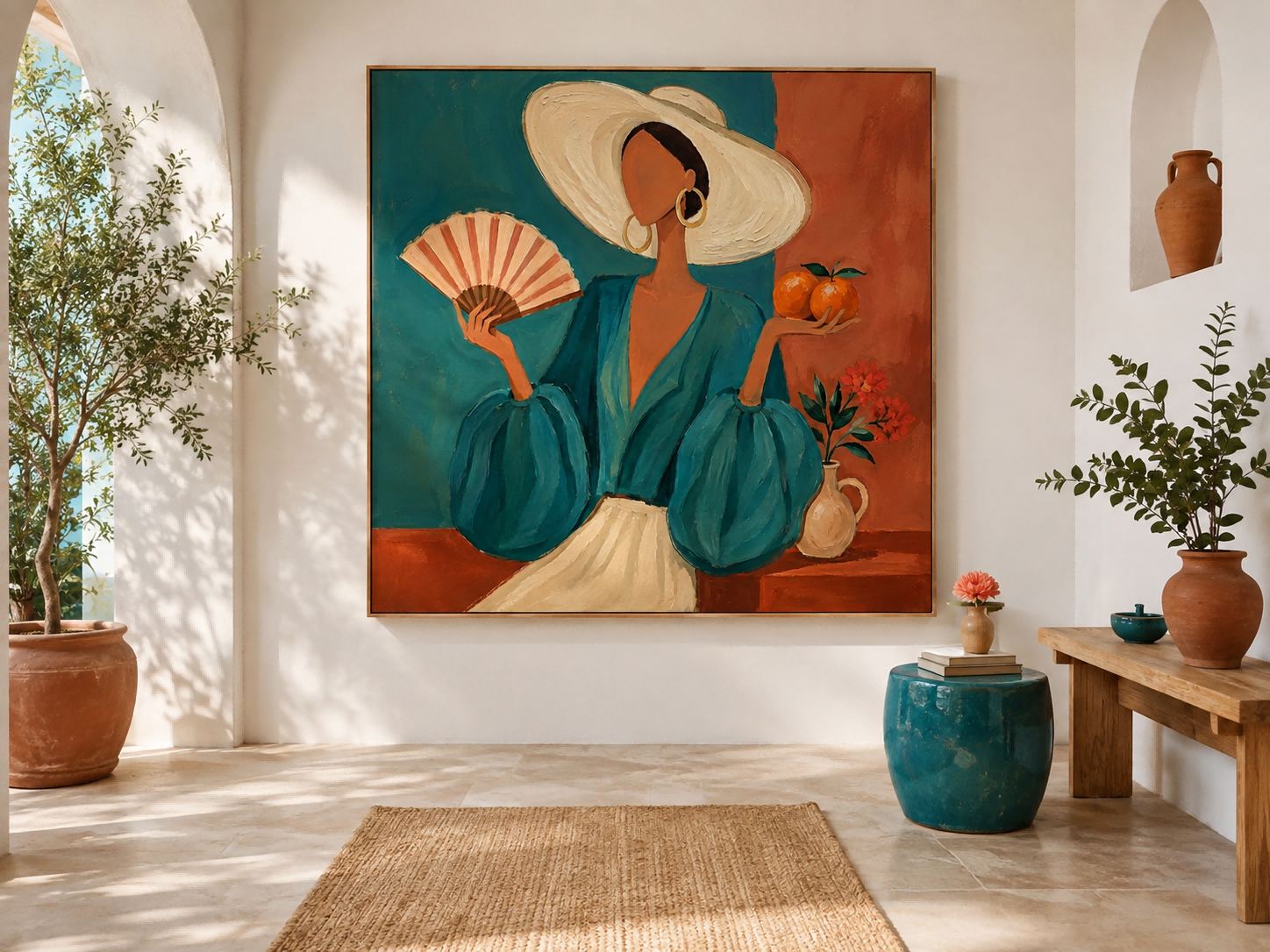 Exotic Lazy Afternoon Oil Painting Of Woman With Fan And Oranges For Lounge Wall Art