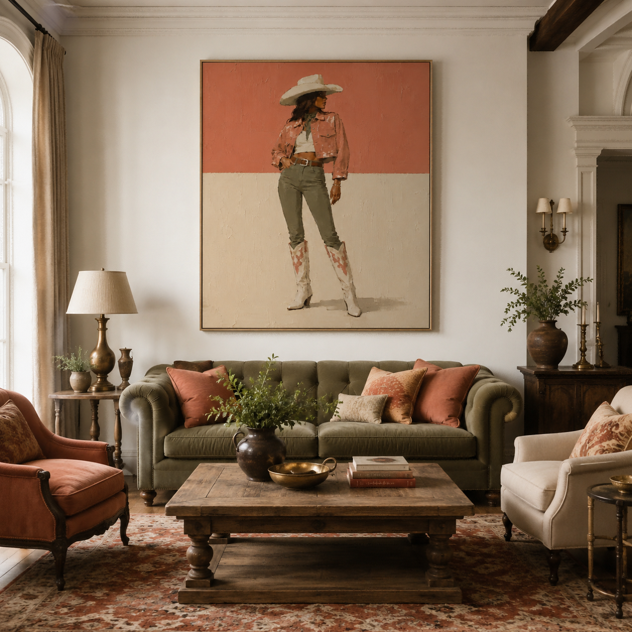 Original Illustrative Female Figure Painting In Retro Style On Linen Canvas