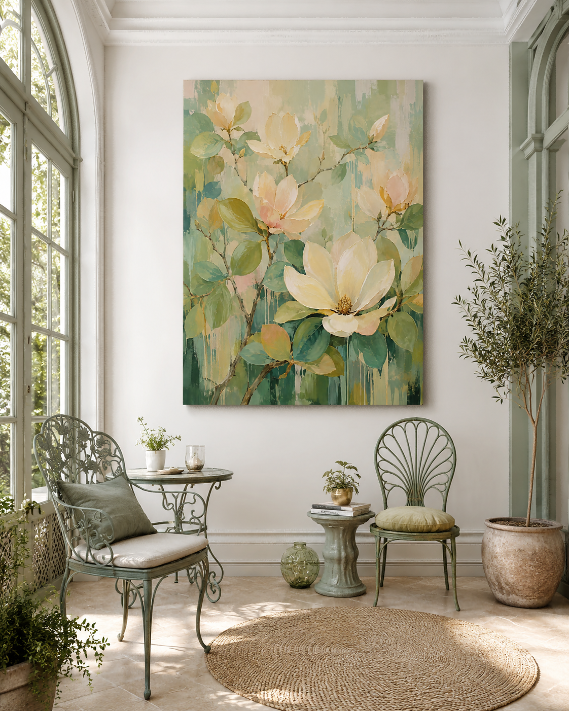 Hand-Painted Abstract Magnolia Floral Canvas Art In Cream And Green