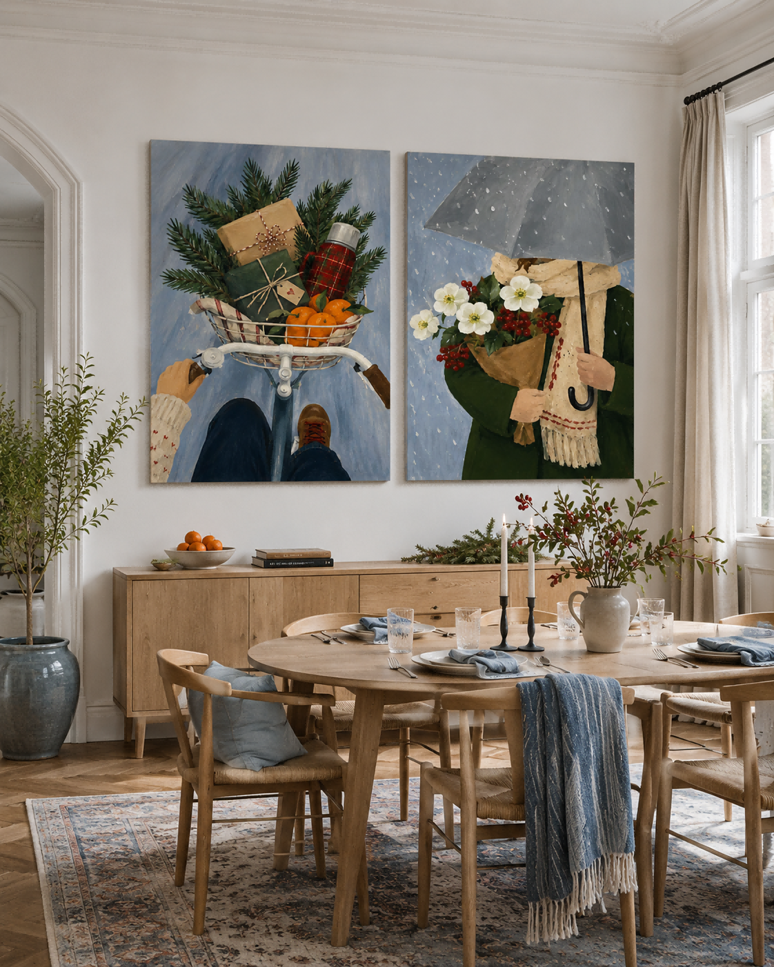 Hand-Painted Winter Scene Diptych With Bicycle And Flowers Canvas Art
