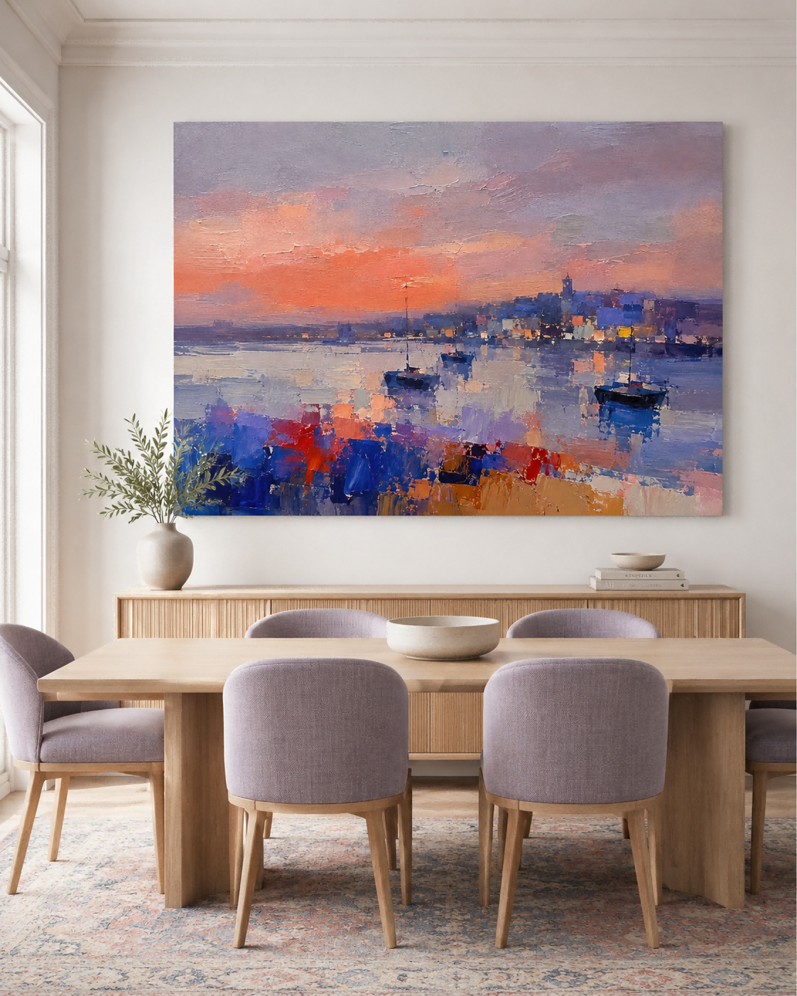 Modern Abstract Impasto Oil Painting Warm Sunset Harbor Scene Art