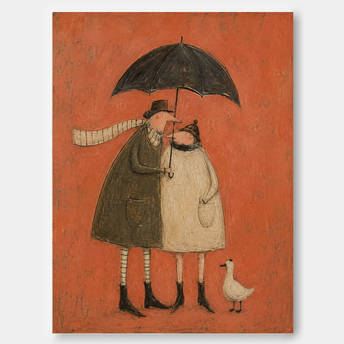 Vintage Couple With Umbrella And Duck Hand-Painted Canvas Wall Art In Warm Orange Tones