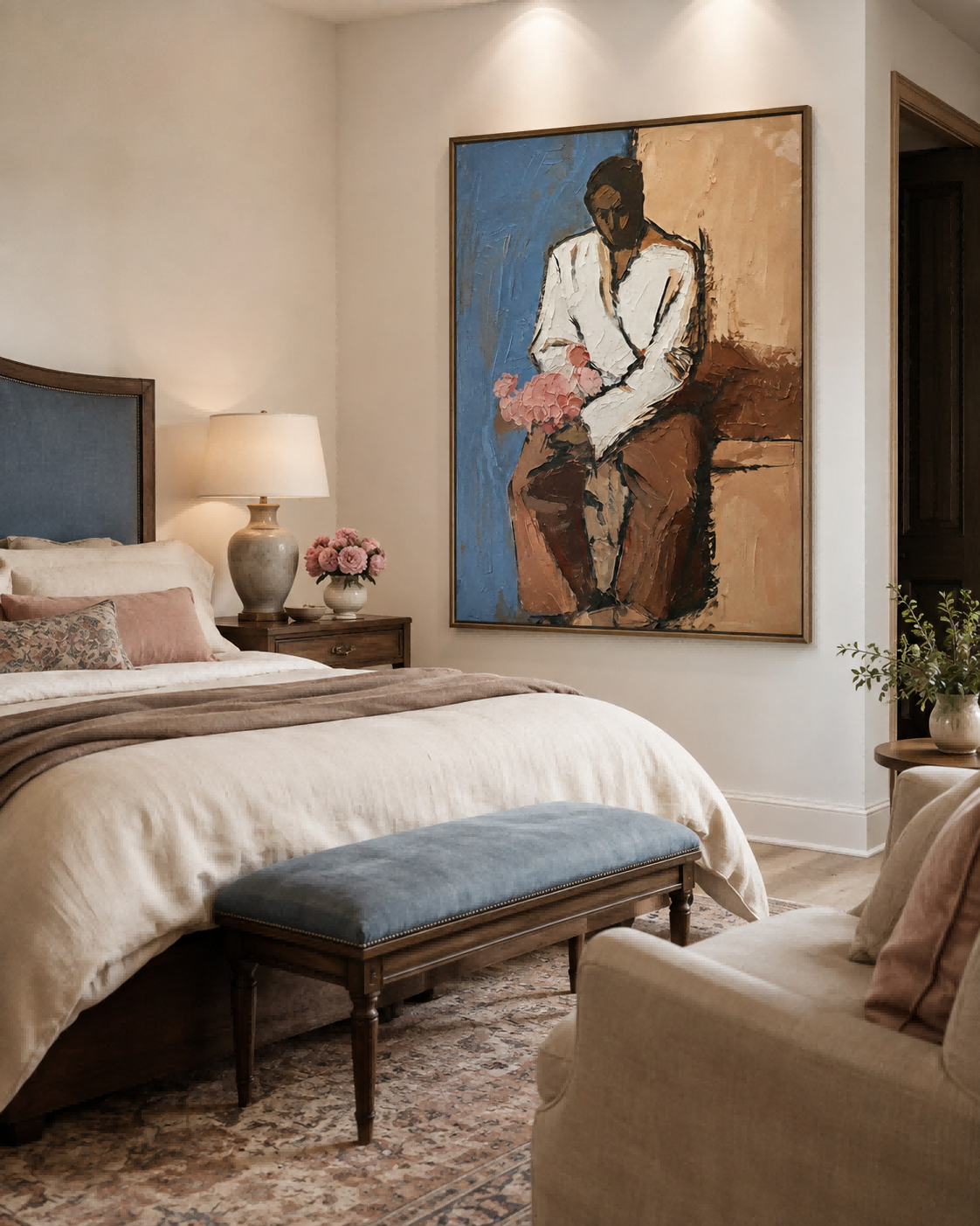 Expressive Figure Art With Thick Brushstrokes And Blue Brown Tones For Study Decor