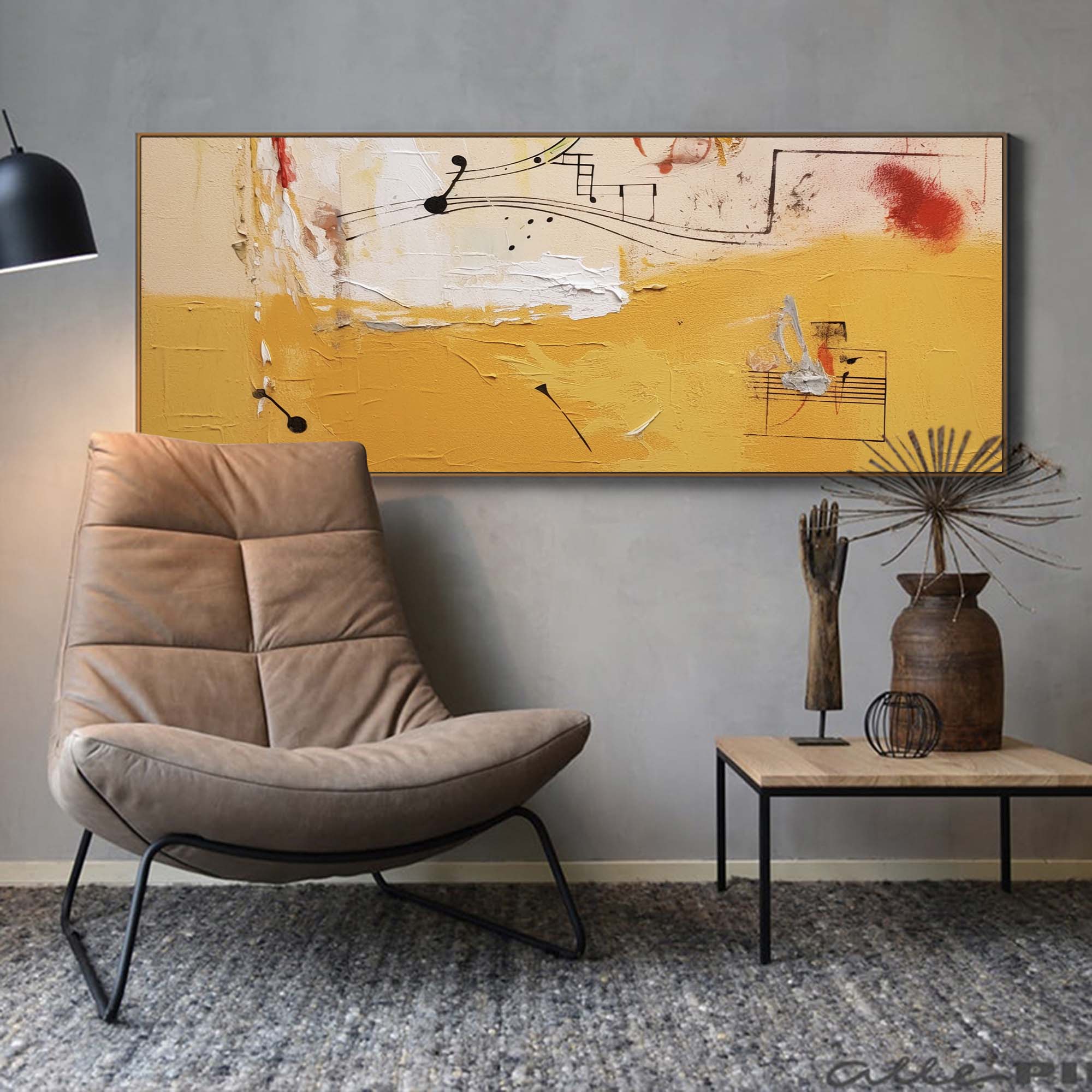 Vibrant Yellow Acrylic Painting Large Modern Abstract Musical Notes Wall Art Original Oil Painting On Canvas for Living Room