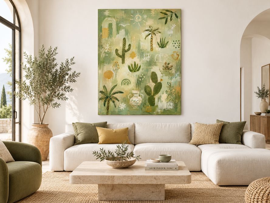 Modern Geometric Abstract Painting With Natural Motifs In Green