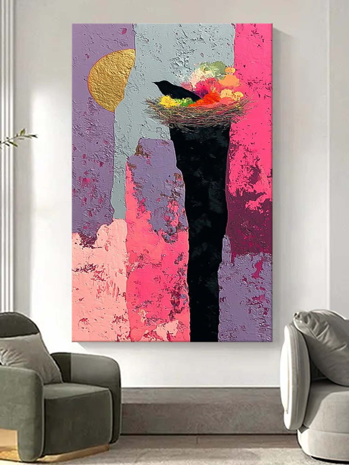 Large Abstract Bird's Nest And Contrasting Background Oil Painting Original Nature Wall Art Home Decor