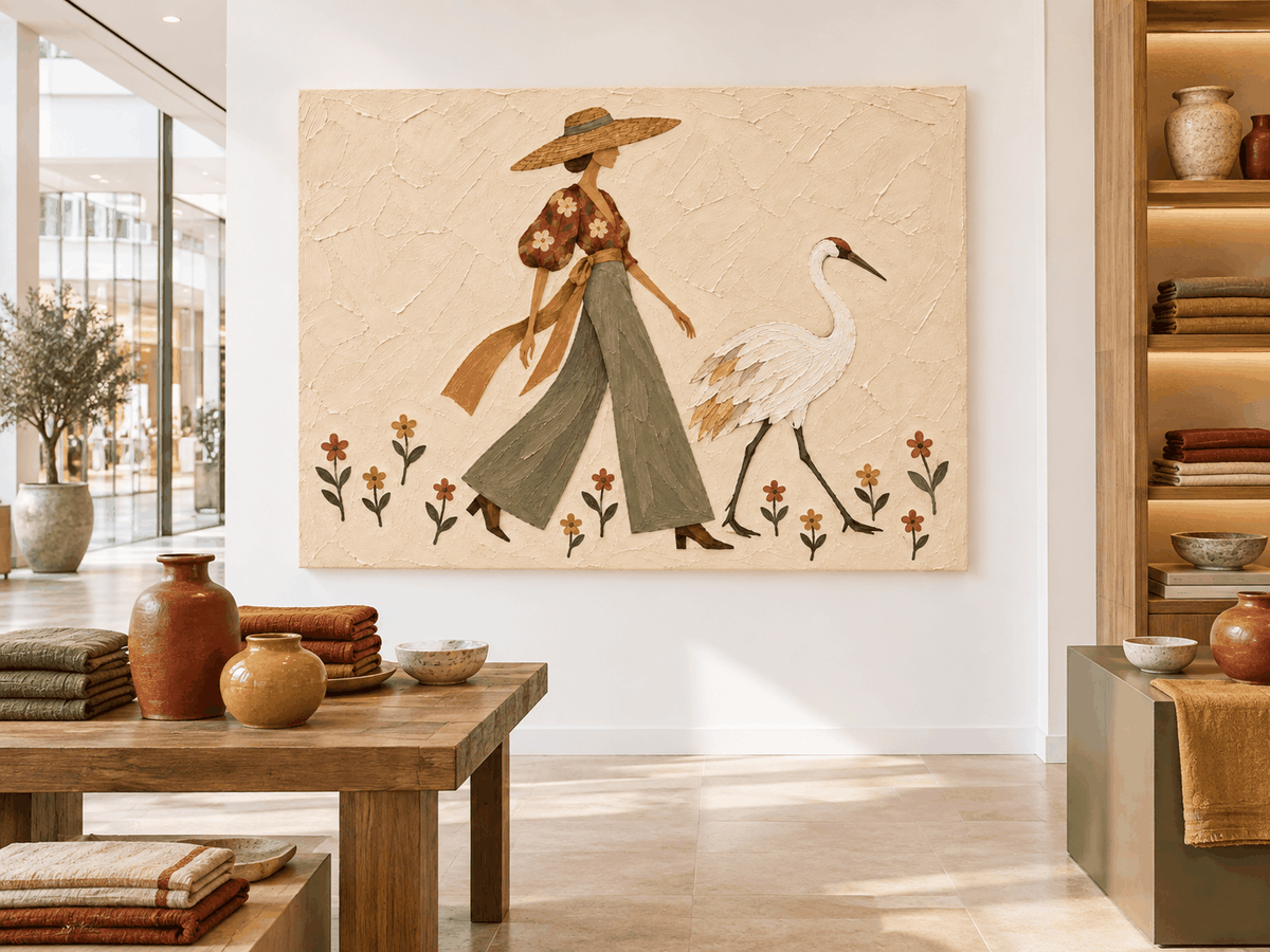 Modern Vintage Textured Canvas Painting Abstract Nature Theme Art Woman And Crane Hand-Painted Art