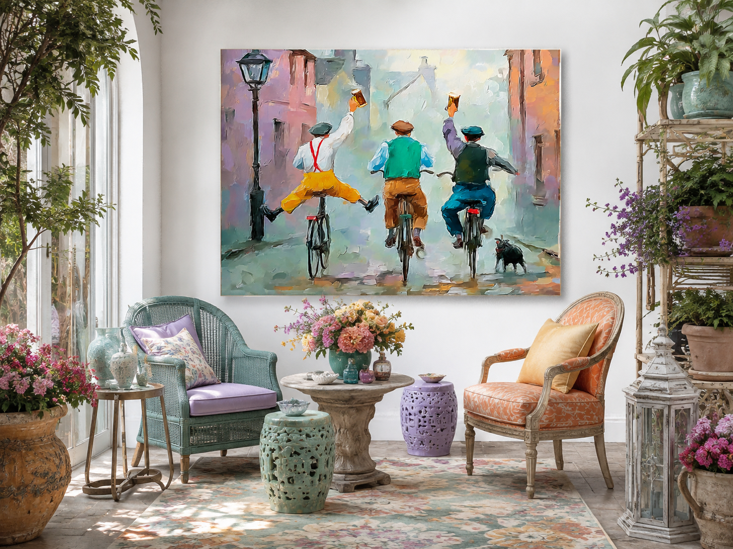 Impressionist Street Scene With Three Men Cycling And Celebrating Vintage Wall Art