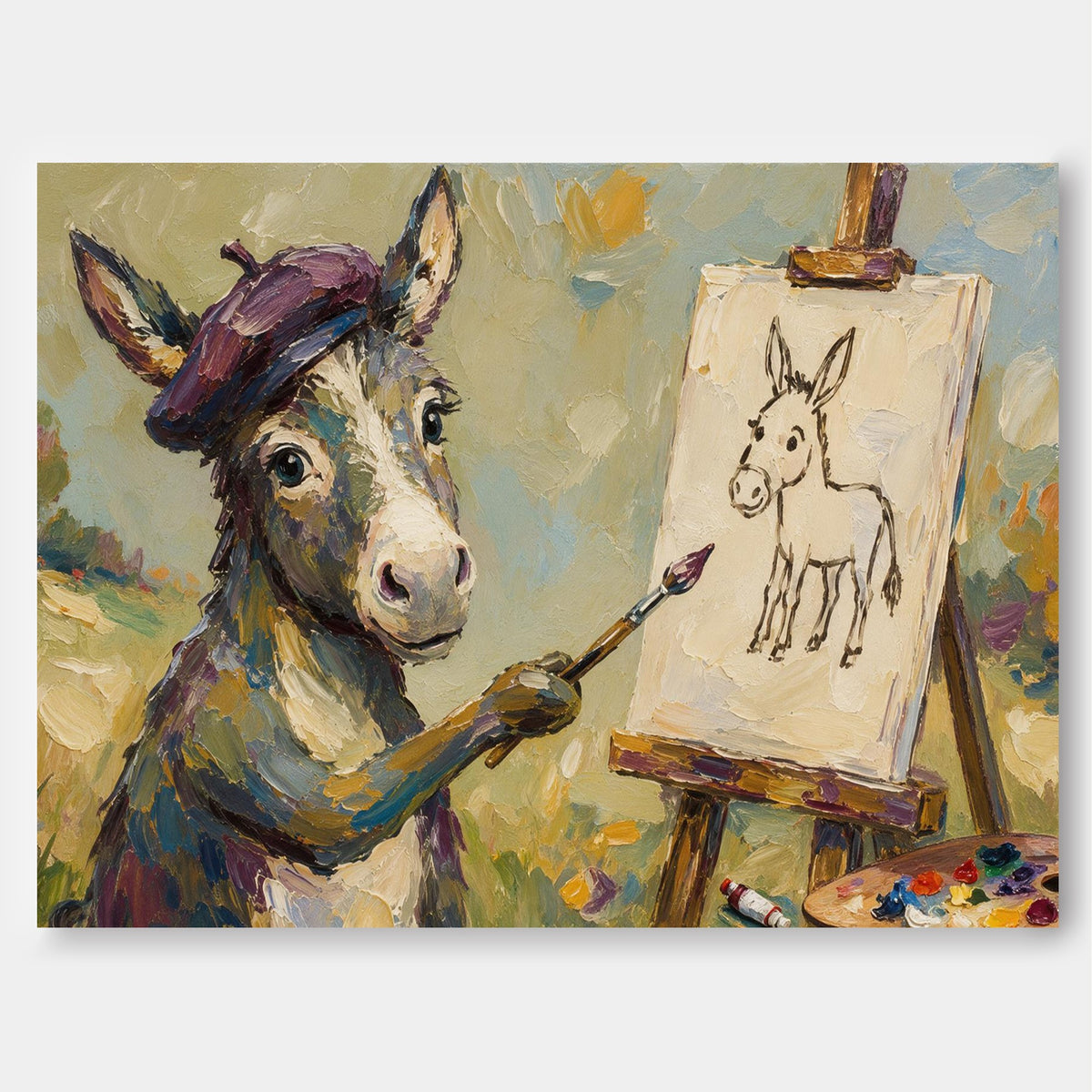 Hand-Painted Donkey Artist Canvas Painting With Beret In Olive Green Tones