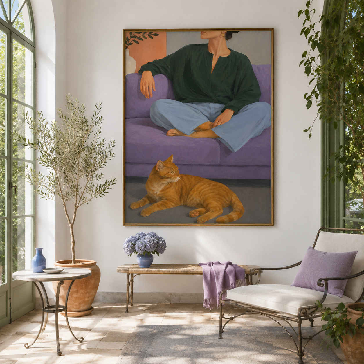Woman And Cat On Purple Sofa Modern Figurative Oil Painting Hand-Painted Canvas Art