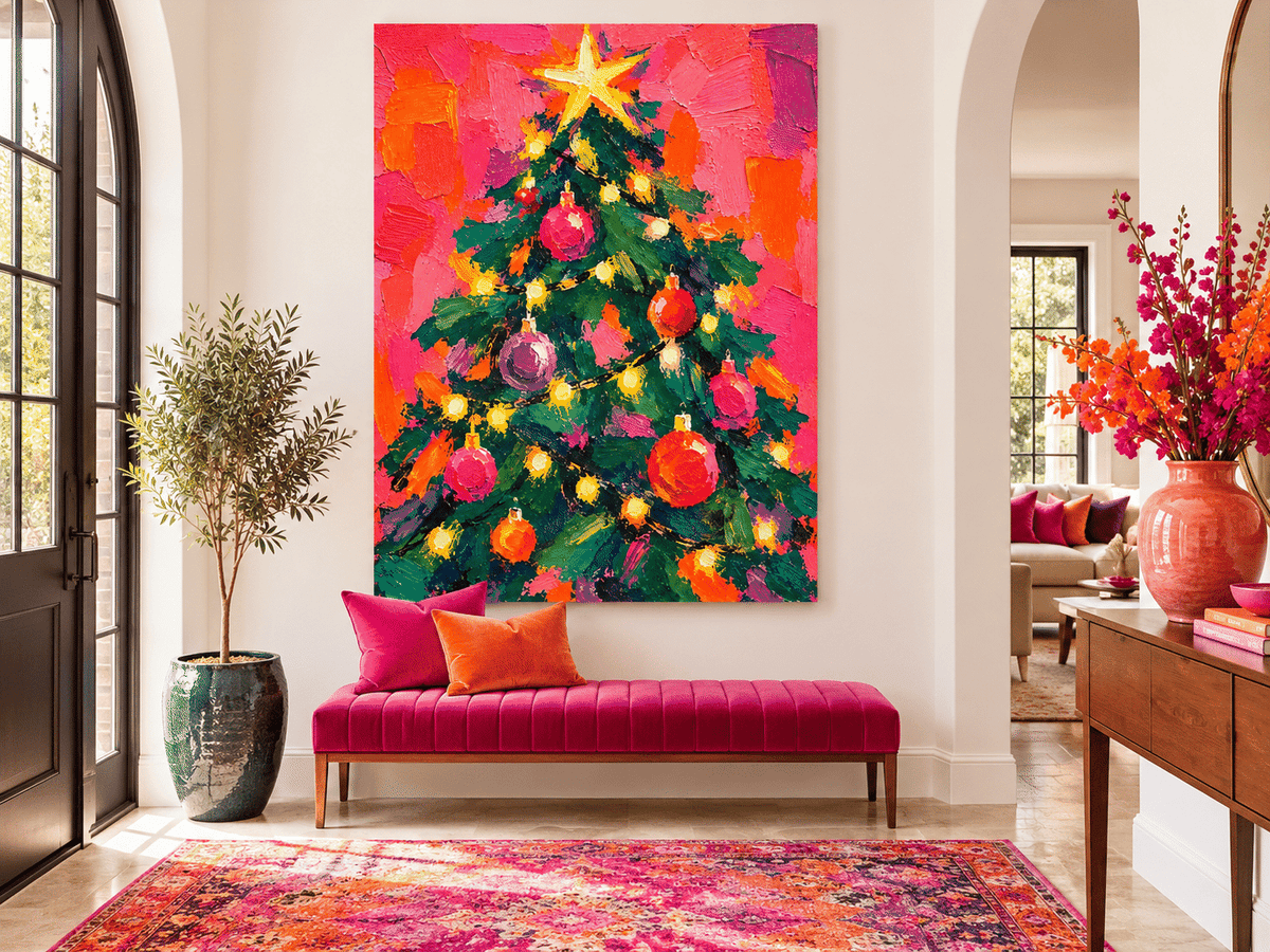 Abstract Christmas Tree Painting Hand-Painted Modern Holiday Wall Art With Star