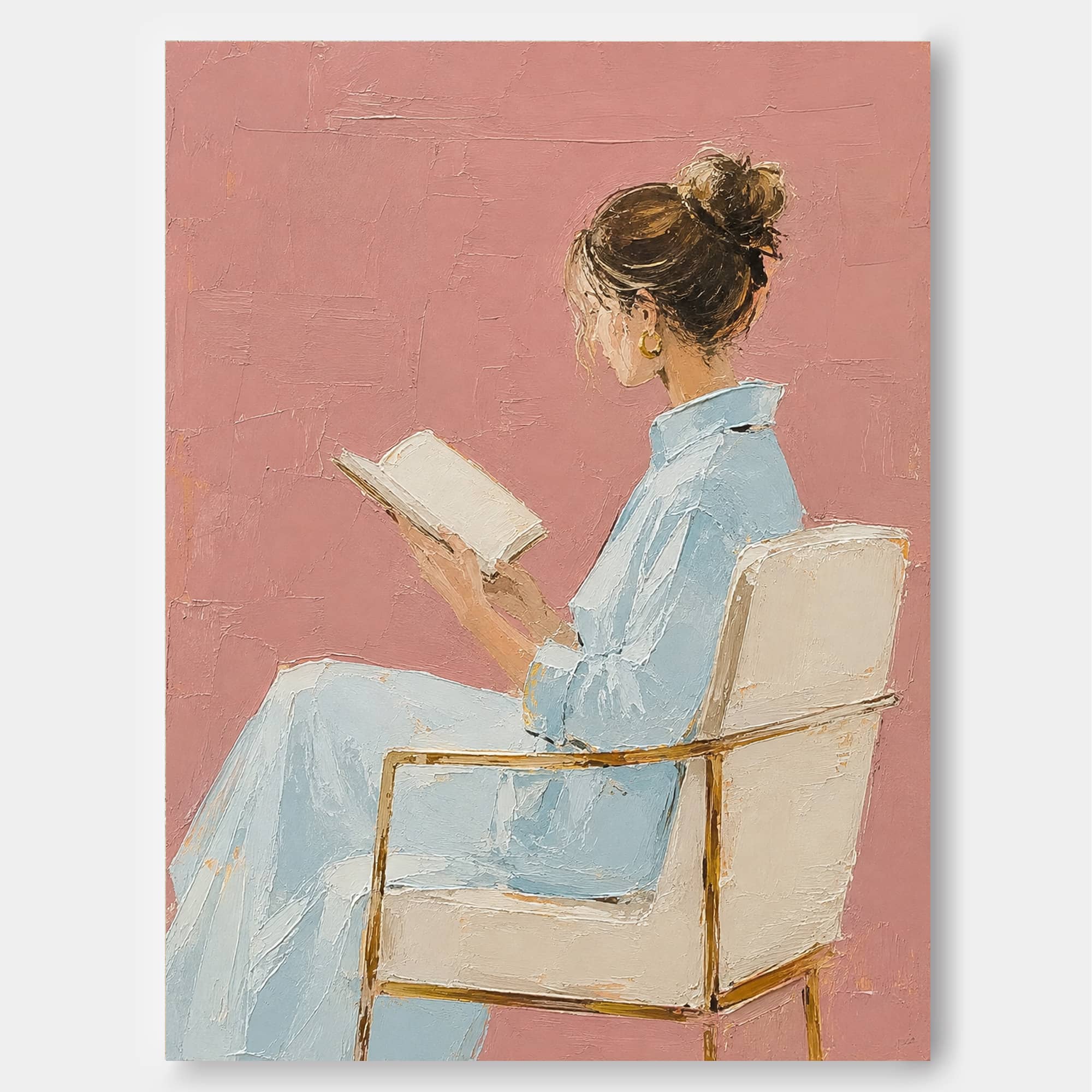 Modern Minimalist Oil Painting Of Lady Reading In Blue Dress With Pink Background