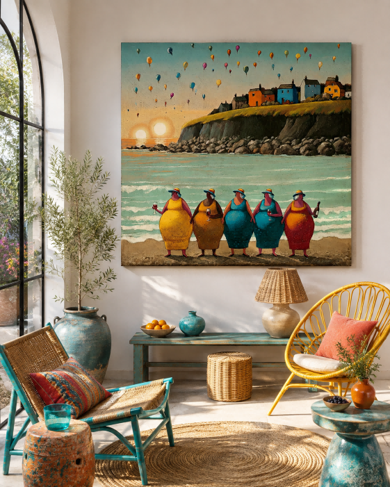 Colorful Women By The Sea Square Canvas Art For Living Room Decor